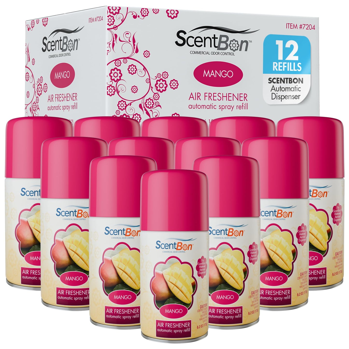 Metered Air Freshener Refills for Aerosol Dispenser - Mango Scent - 6.2 oz - 12 Pack - Automatic Air Freshener Spray Refill - Commercial Aerosol