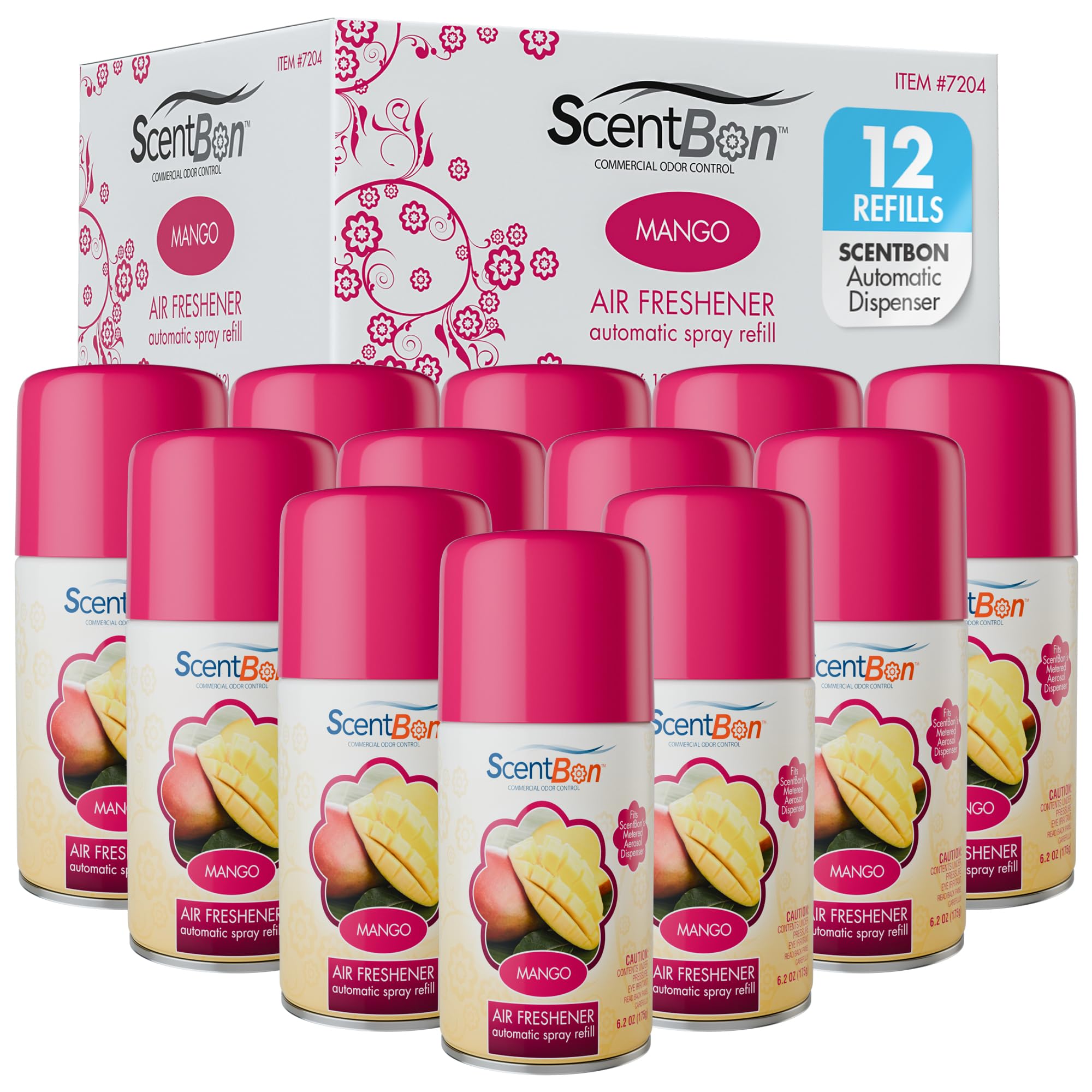 Metered Air Freshener Refills for Aerosol Dispenser - Mango Scent - 6.2 oz - 12 Pack - Automatic Air Freshener Spray Refill - Commercial Aerosol