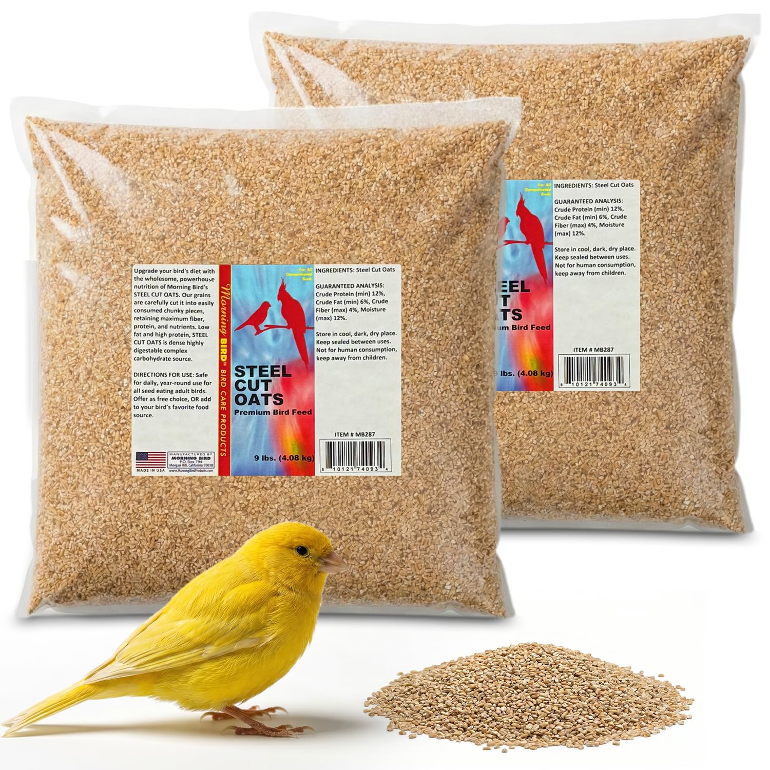 Morning Bird Steel Cut Oats 18 lbs (2-Pack, 9 lbs Each - High Protein Natural Cut Oat Grain for Birds & Easy-to-Eat Pieces - Supports Balanced
