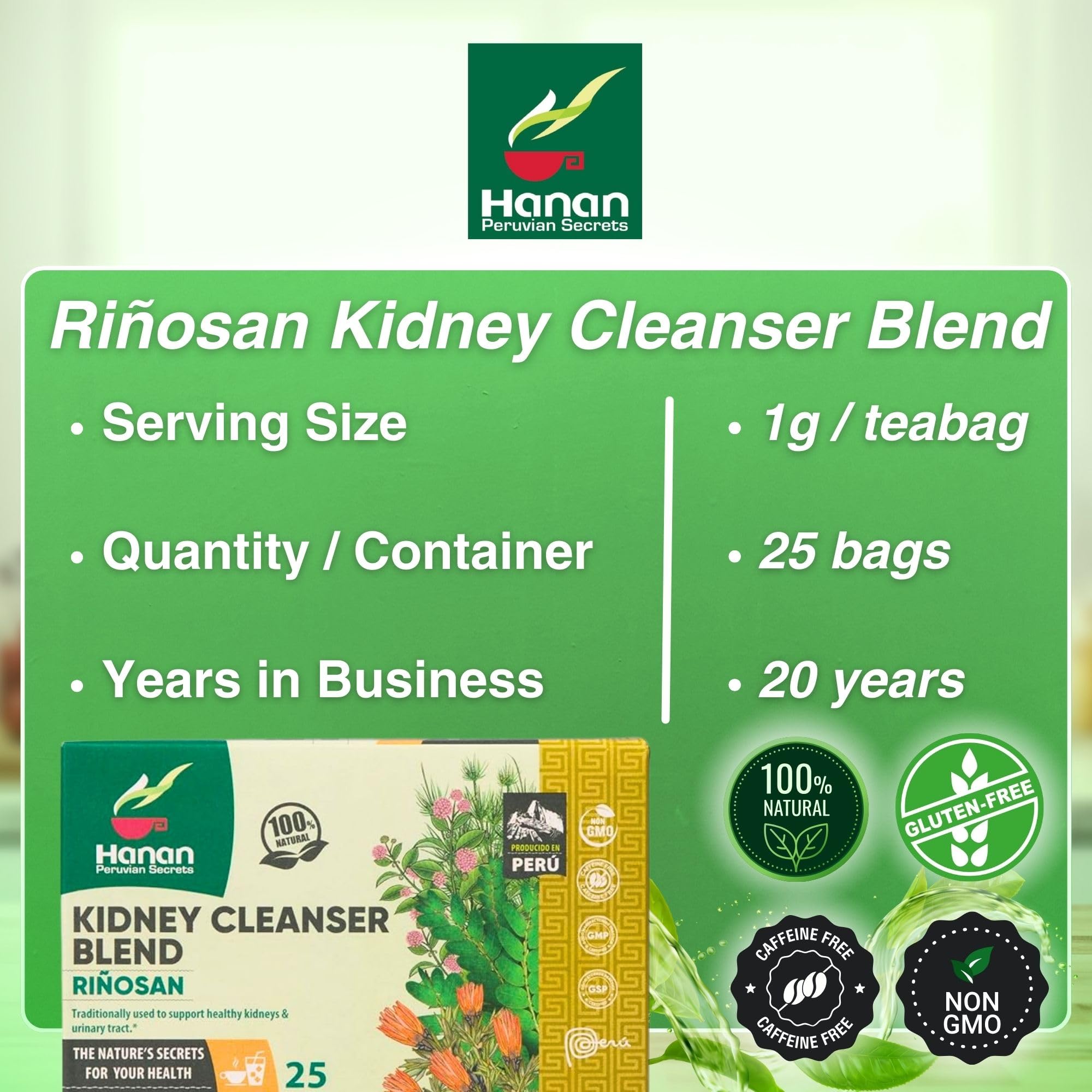 Hanan Kidney Cleanse & Joint Repair Herbal Tea - Riñosan Blend of Chanca Piedra (Stone Breaker) Rompe Piedra para los Riñones - 25 Tea Bags