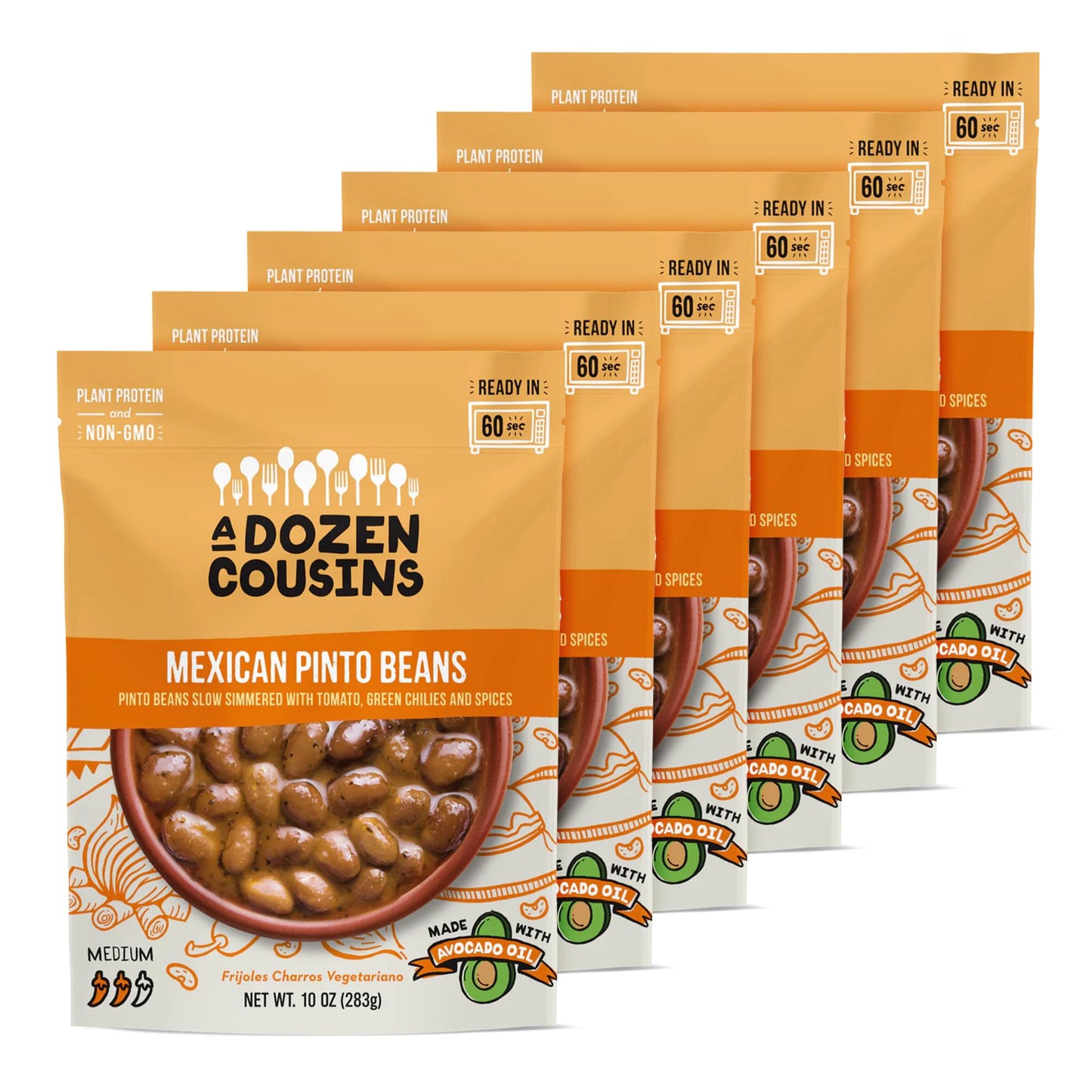 A Dozen Cousins Vegan Mexican Pinto Cowboy Beans 6pk, Seasoned Healthy Microwave Beans in Avocado Oil, Ready to Eat Prepared Food, Easy Plant Protein