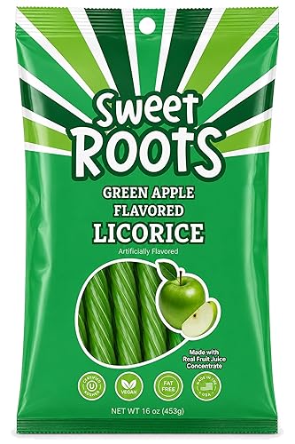 Sweet Roots Green Apple Licorice Twists - Jumbo Soft Licorice Sticks Made with Real Fruit Juice | Gourmet Apple Candy for Snack Lovers | Vegan