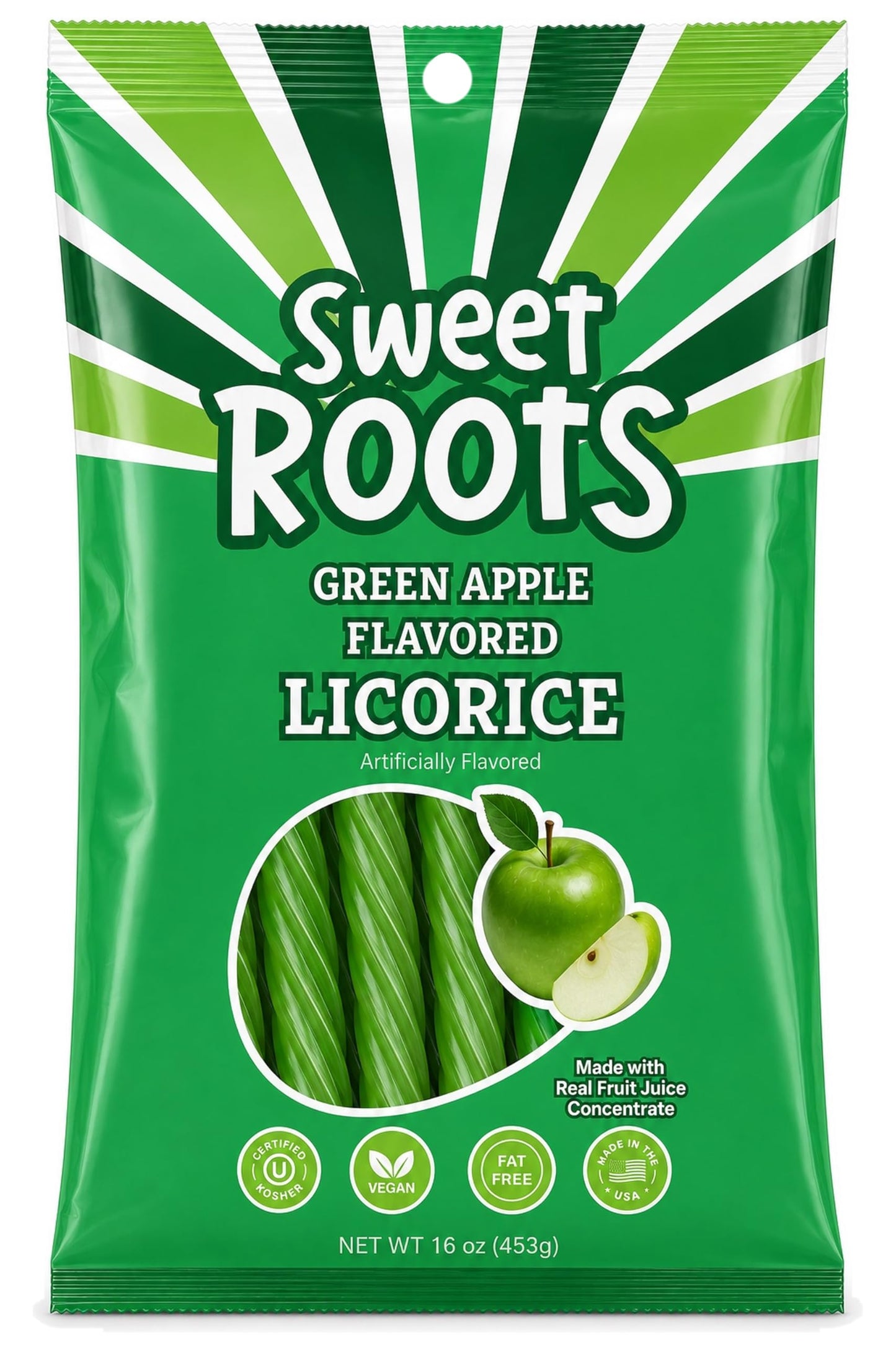 Sweet Roots Green Apple Licorice Twists - Jumbo Soft Licorice Sticks Made with Real Fruit Juice | Gourmet Apple Candy for Snack Lovers | Vegan