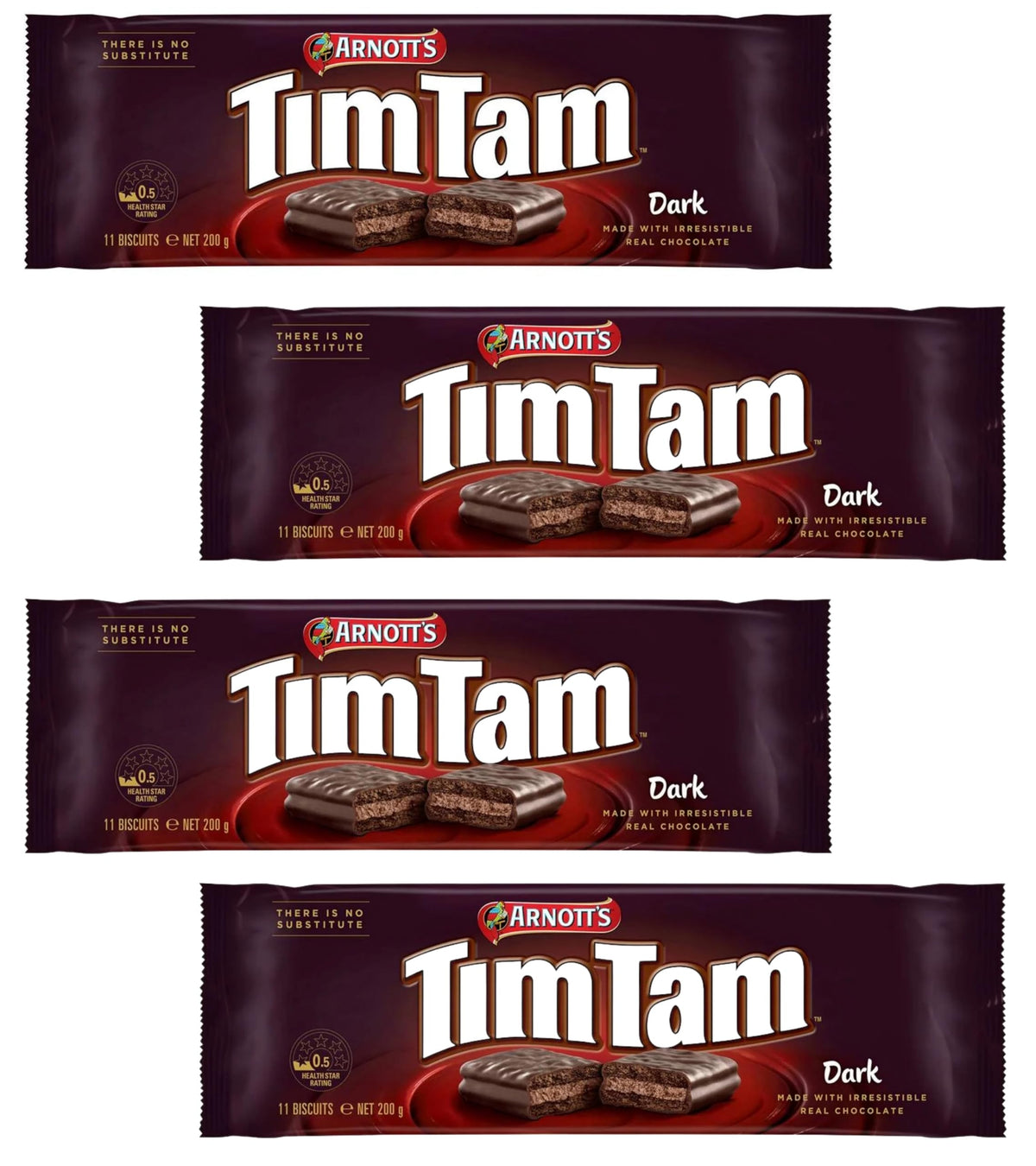 Tim Tam Dark Chocolate Biscuits - 4-Pack (200g) Made in Australia - Rich Dark Chocolate Coating - Classic Australian Treats