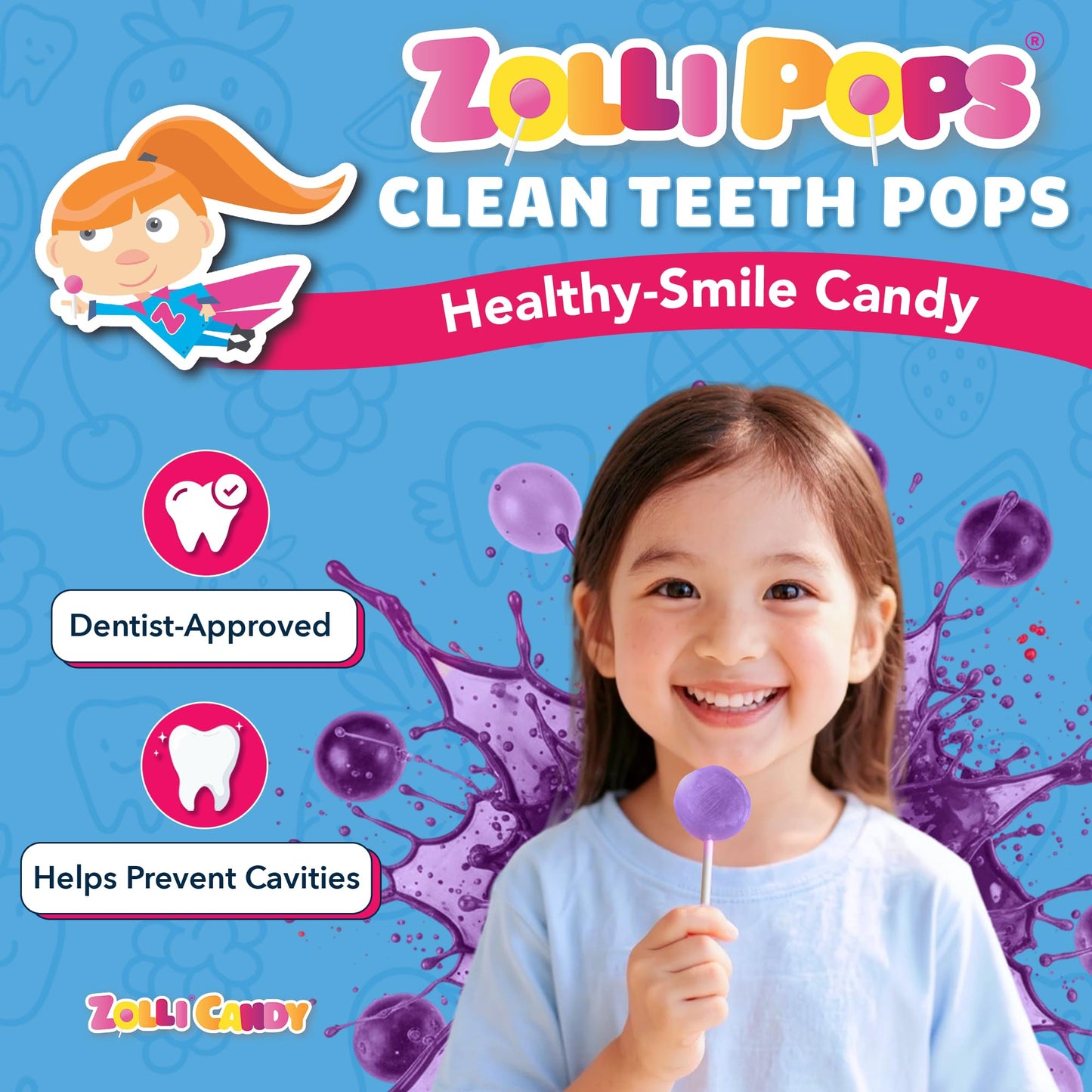 Zollipops Clean Teeth Pops Sugar Free Candy with Xylitol, Dye-Free Lollipops - Keto & Diabetic-Friendly, Dentist-Approved Treats for Kids (Grape, 3.1