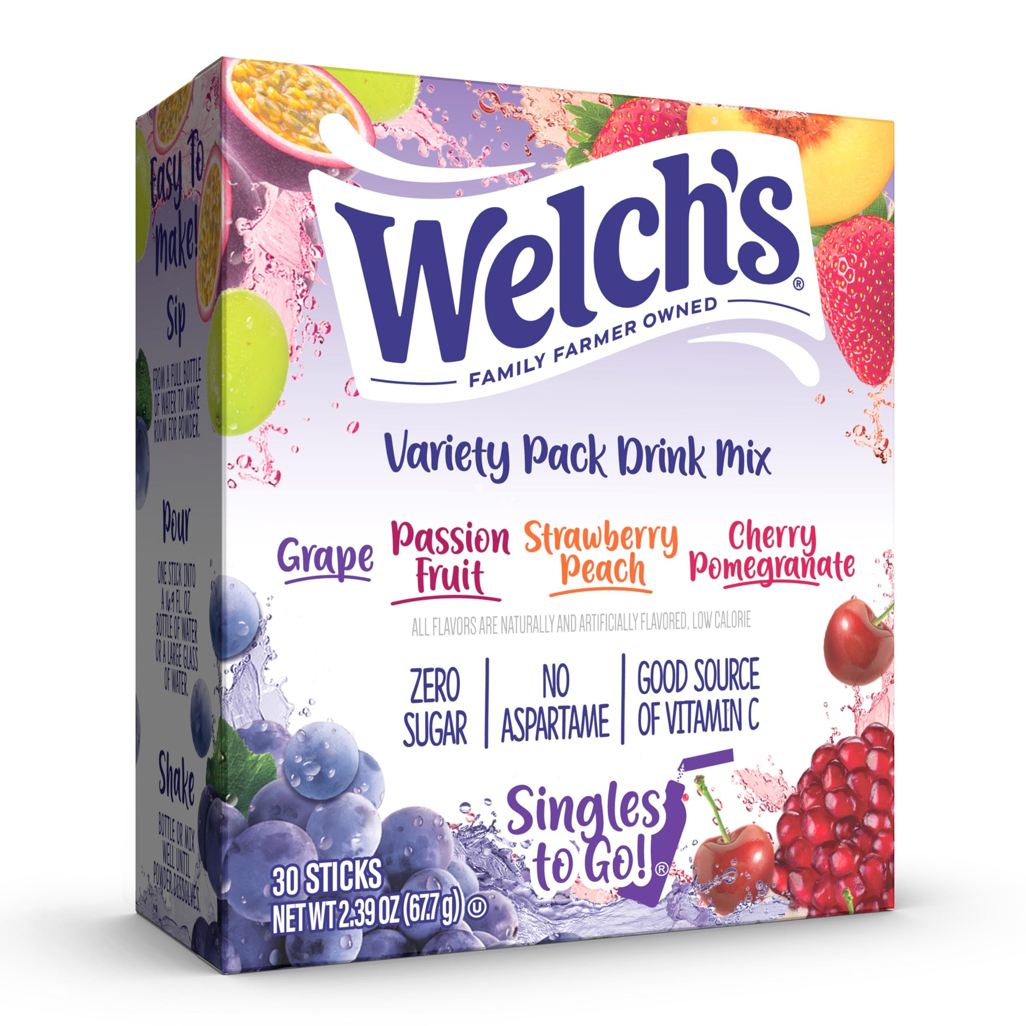 Welch's Singles To Go Variety Pack, Watertok Powdered Drink Mix, Includes 4 Flavors, Grape, Passion fruit, Strawberry Peach, Cherry Pomegranate, 1 Box