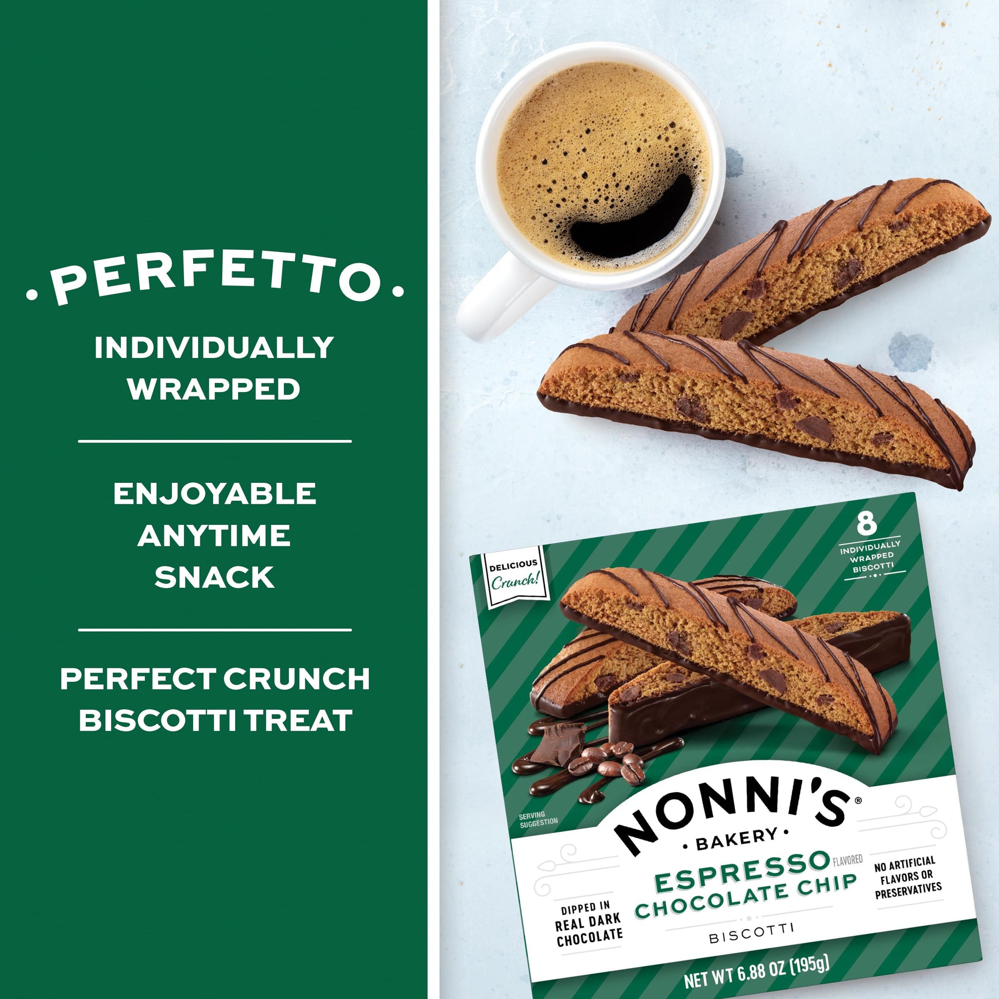 Nonni's Espresso Chocolate Chip Biscotti, Dipped in Real Dark Chocolate, Individually Wrapped Italian Cookie Snacks, 8 Servings (6 Boxes)