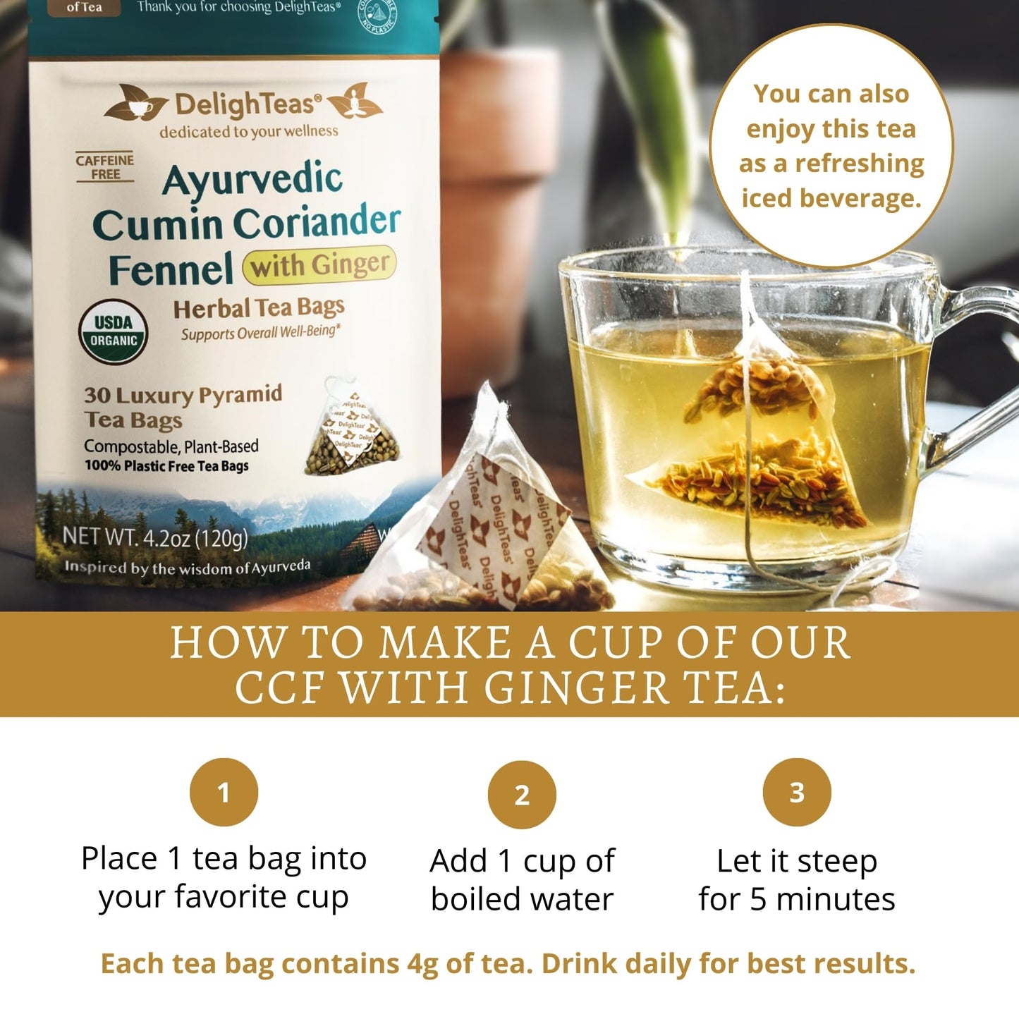 DelighTeas Organic Digest & Detox CCF Tea with Ginger | Eco-Conscious Pyramid Tea Bags | Ayurvedic Cumin Coriander Fennel Ginger Tea | USDA Organic