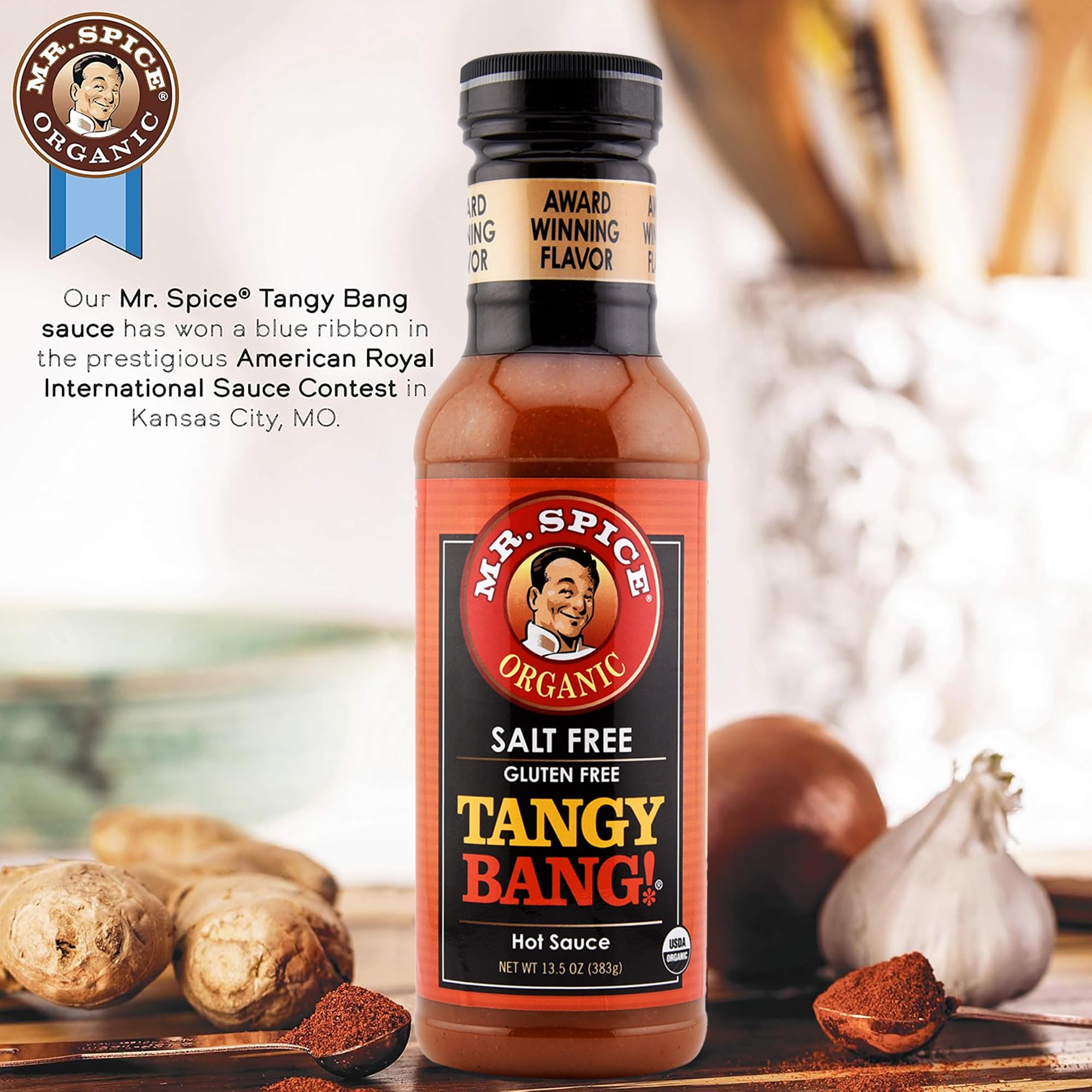 Mr. Spice Organic Hot Sauce, Salt Free Tangy Bang Hot Sauce (0mg/serving), Gluten Free, Low Sodium Sauces for Marinade, Grill & Air Fryer, No Salt