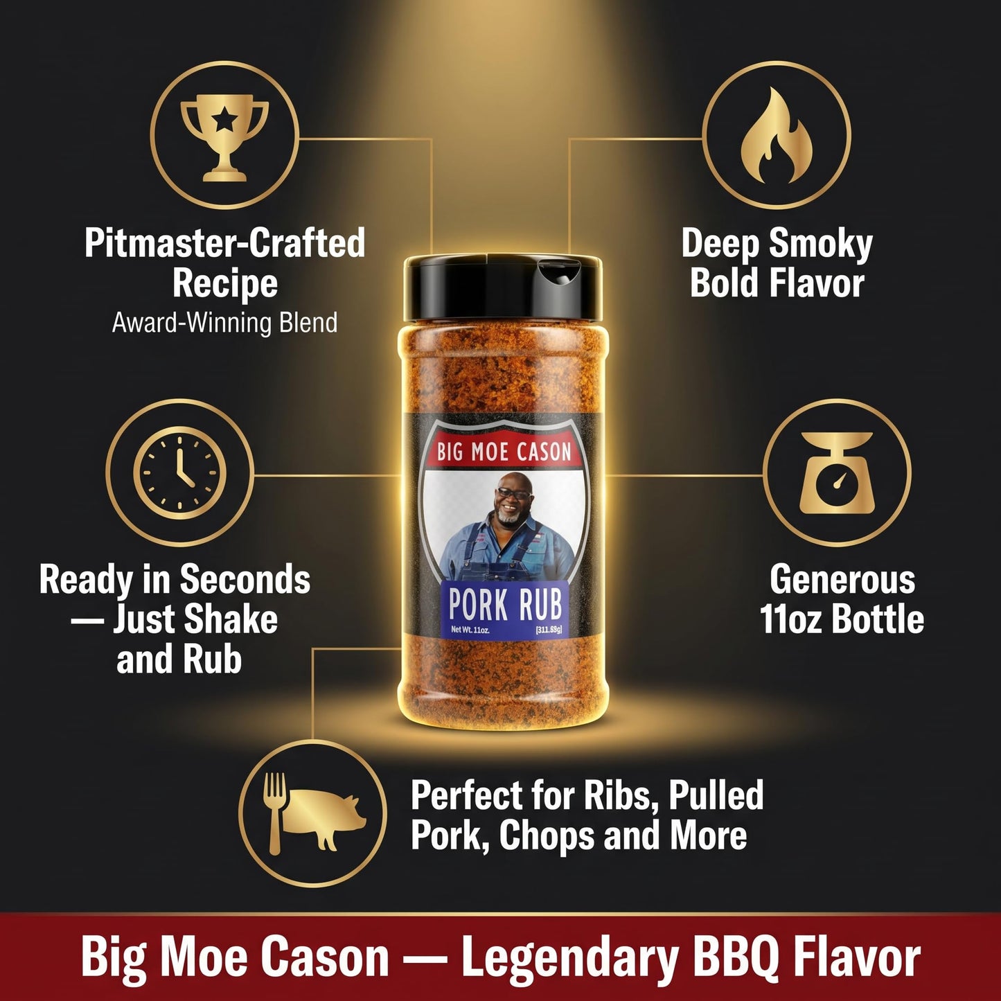 Big Moe Cason Pork BBQ Rub - 2x 11 oz Shaker Bottles - Bbq Rub and Pork Rub for Ribs and Brisket - Bbq Seasoning and Rib Rub Style Brisket Rub - Spg
