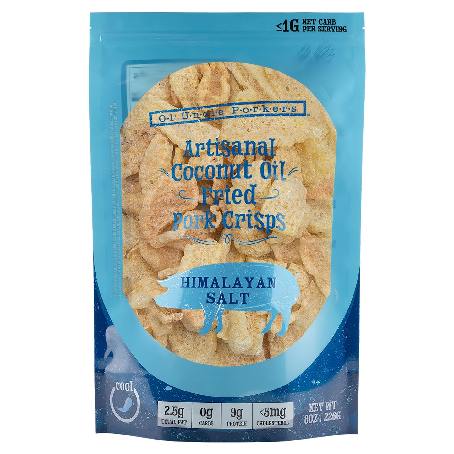 Ol' Uncle Porkers Keto-Friendly Pork Rinds Fried in Coconut Oil, 8 oz Bags, (Himalayan Pink Salt Flavor, Pack of 1)