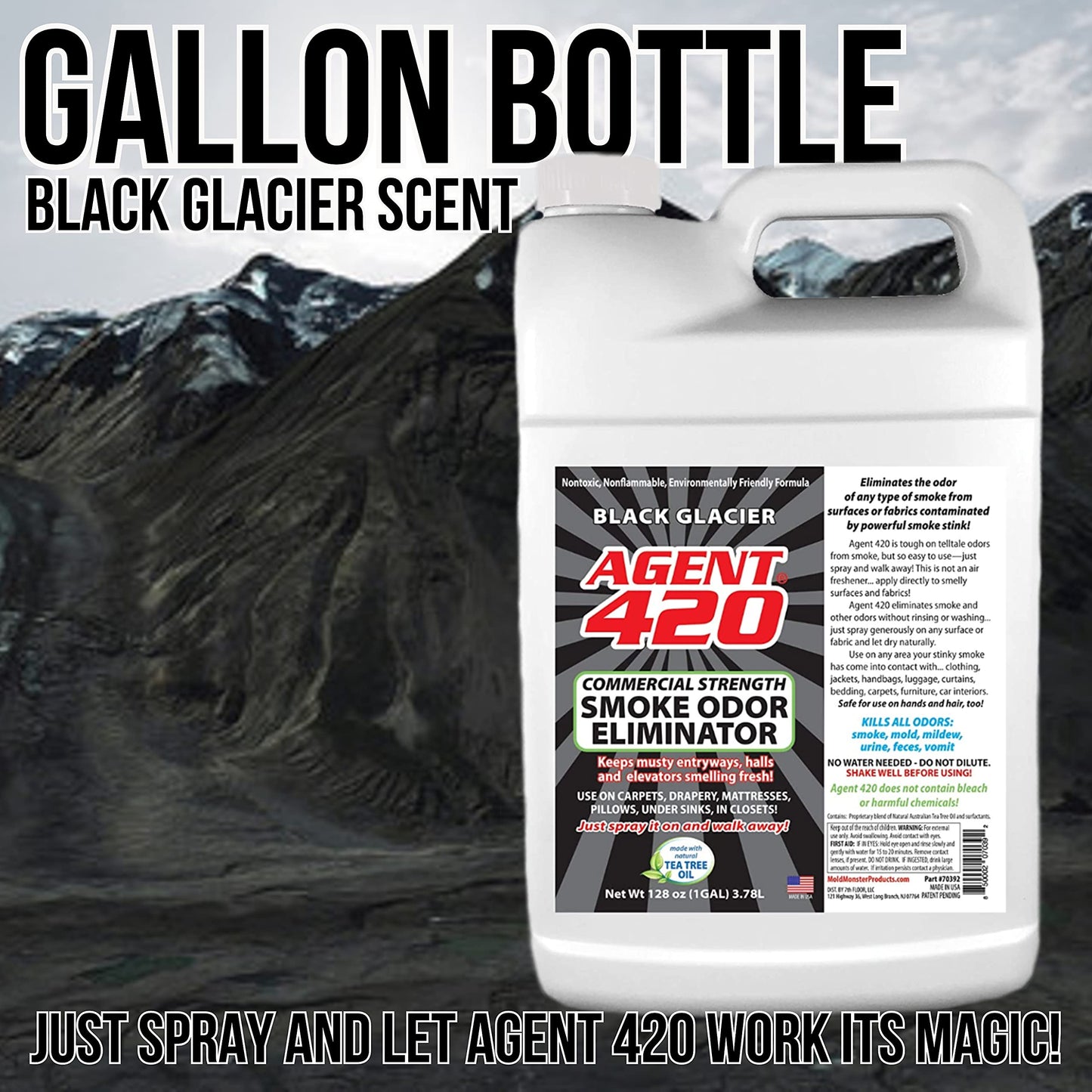 Agent 420 Cannabis & Cigarette Odor Eliminator Spray, Black Glacier, 1 Gallon - Tea Tree Oil Breaks Down Smoke at the Molecular Level - Commercial