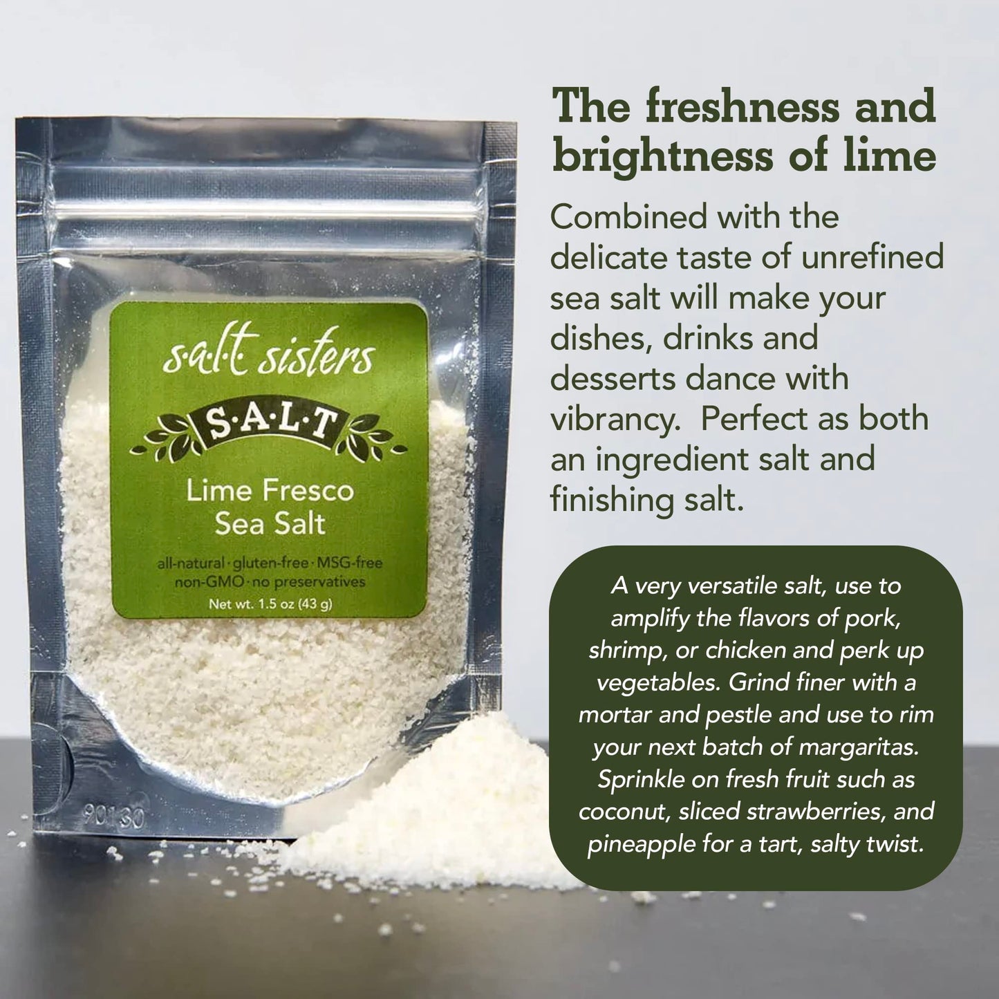 s.a.l.t. sisters Lime Fresco Salt | All-Natural, Gluten Free, MSG Free, Non-GMO | Easily Dissolvable Citrus Infused Fine Sea Salt | Versatile Salt