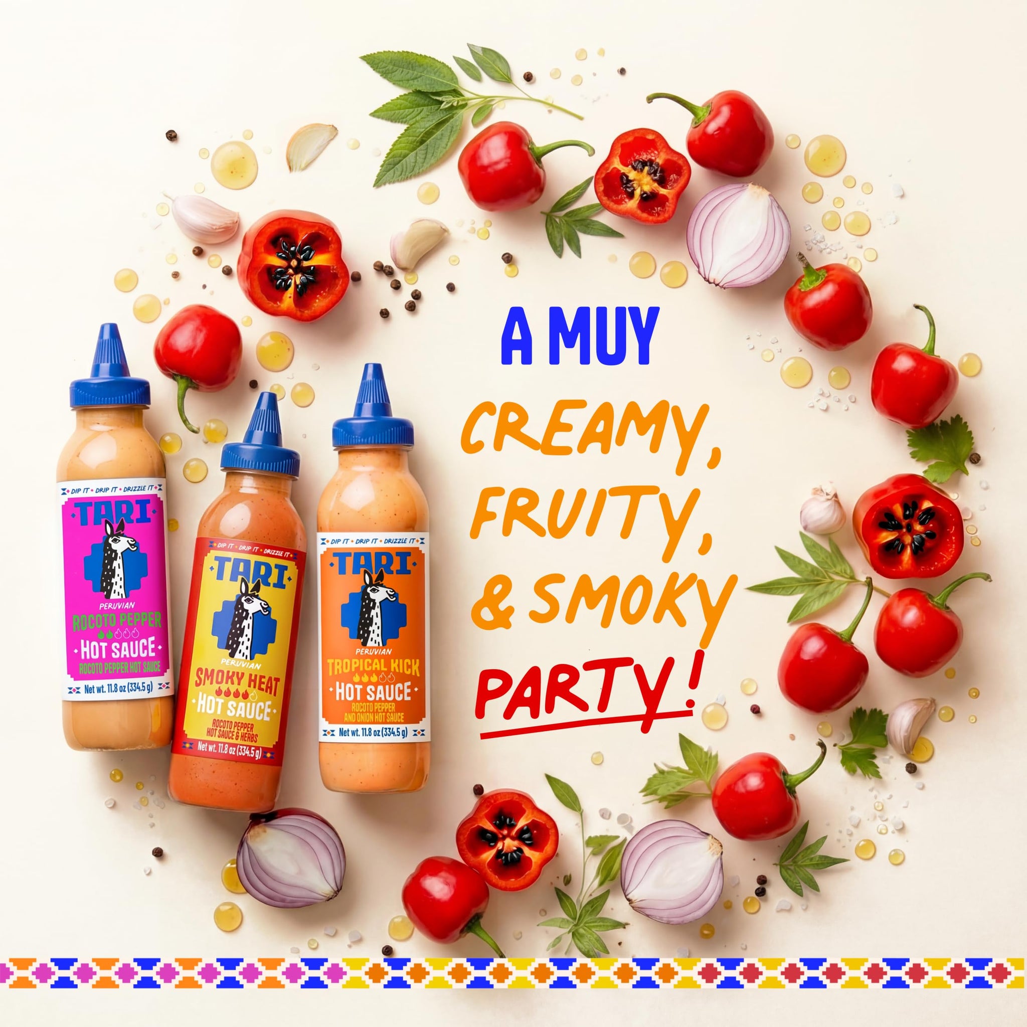 Tari Hot Sauce - Rocoto Pepper Variety Pack - Aji Rocoto + Smoky Heat + Tropical Kick - 11.8oz each (3Pk)