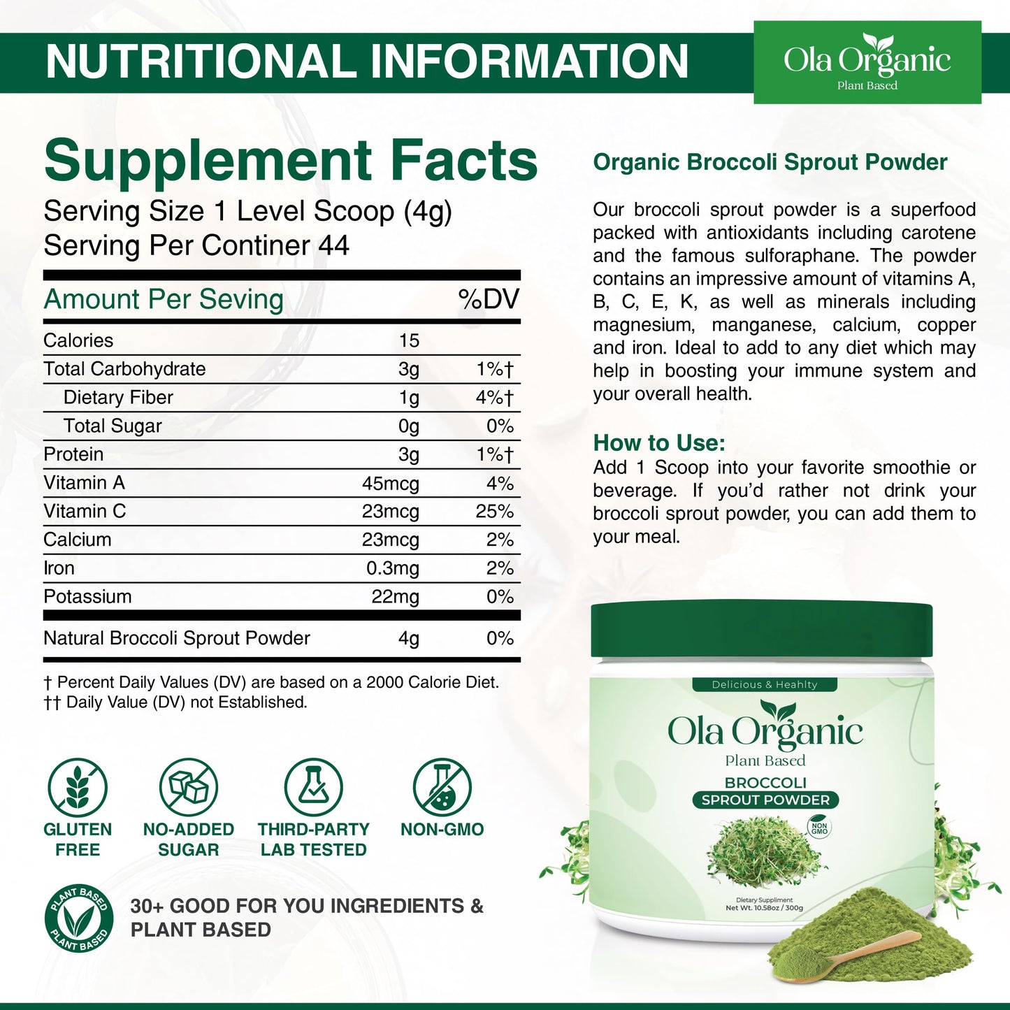 Ola Organic Broccoli Sprout Powder - Sulforaphane-Rich Superfood with Vitamins & Minerals- Supports Daily Wellness & Vitality - Non-GMO (300g Jar)