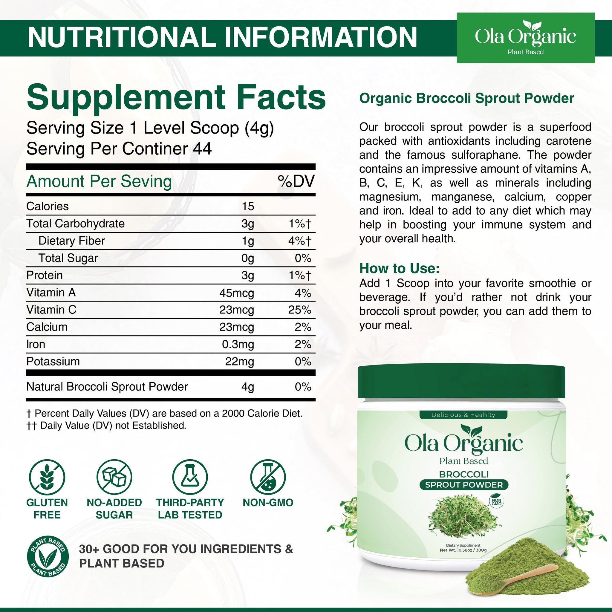 Ola Organic Broccoli Sprout Powder - Sulforaphane-Rich Superfood with Vitamins & Minerals- Supports Daily Wellness & Vitality - Non-GMO (300g Jar)