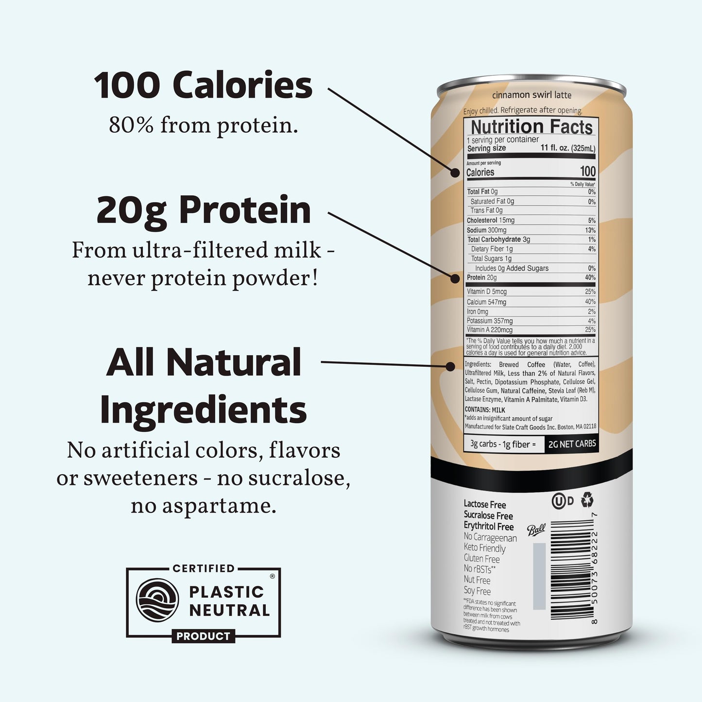 Slate Milk - High Protein Iced Coffee - Cinnamon Swirl Latte - 175mg Caffeine, Lactose Free Energy - 20g Protein, 1g Sugar, 100 Calories, 2g Net
