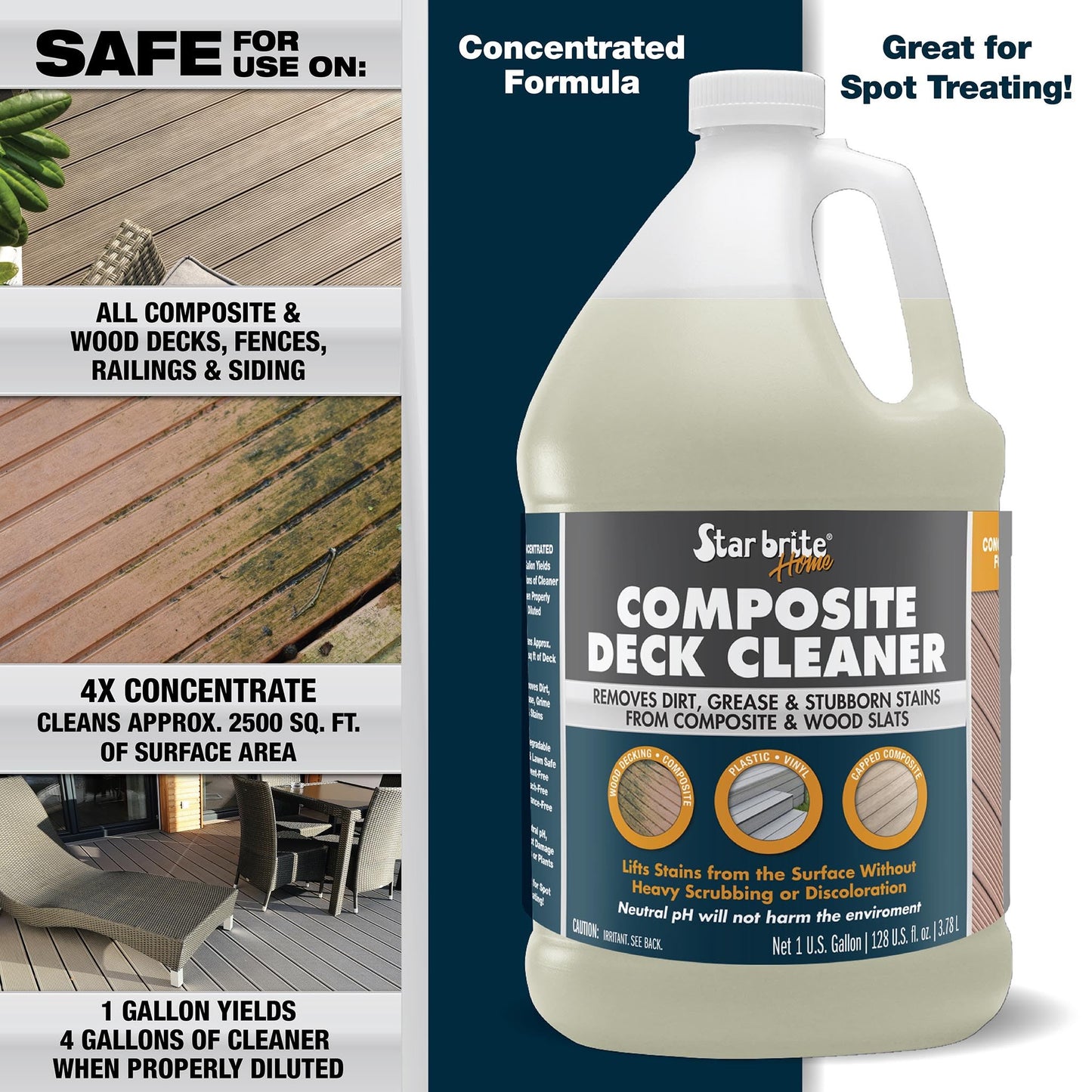 STAR BRITE Composite Deck Cleaner (1 GALLON) - Concentrated Formula - Effortlessly Removes Dirt, Grease & Stains - Ideal for Wood & Composite Surfaces
