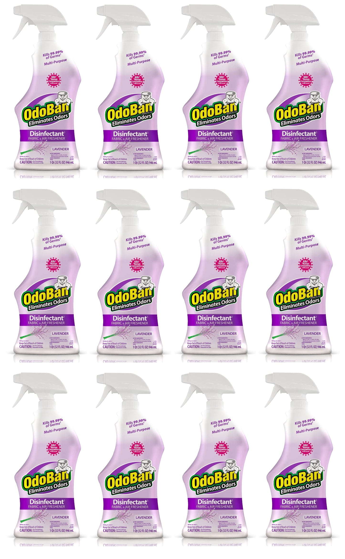OdoBan Ready-to-Use Disinfectant and Odor Eliminator, Set of 12 Spray Bottles, 32 Ounces Each, Lavender Scent
