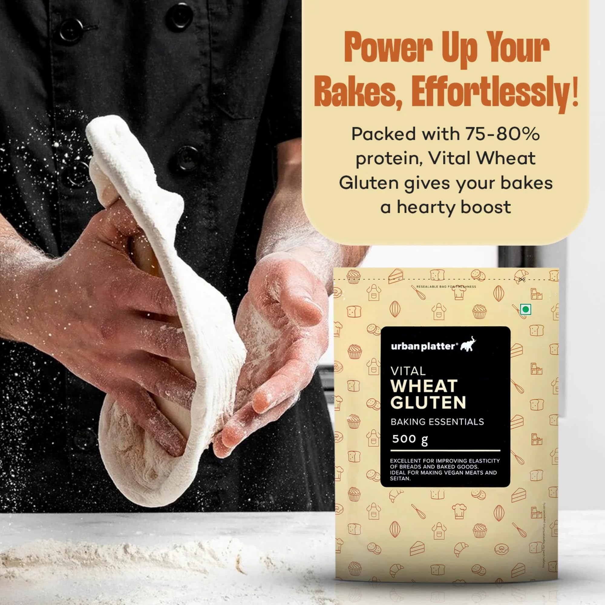 Urban Platter Vital Wheat Gluten | 17.64 Oz (500g) | Natural Plant-Based Protein | Dough Improver for Soft, Chewy & Fluffy Bakes | High-Protein Flour