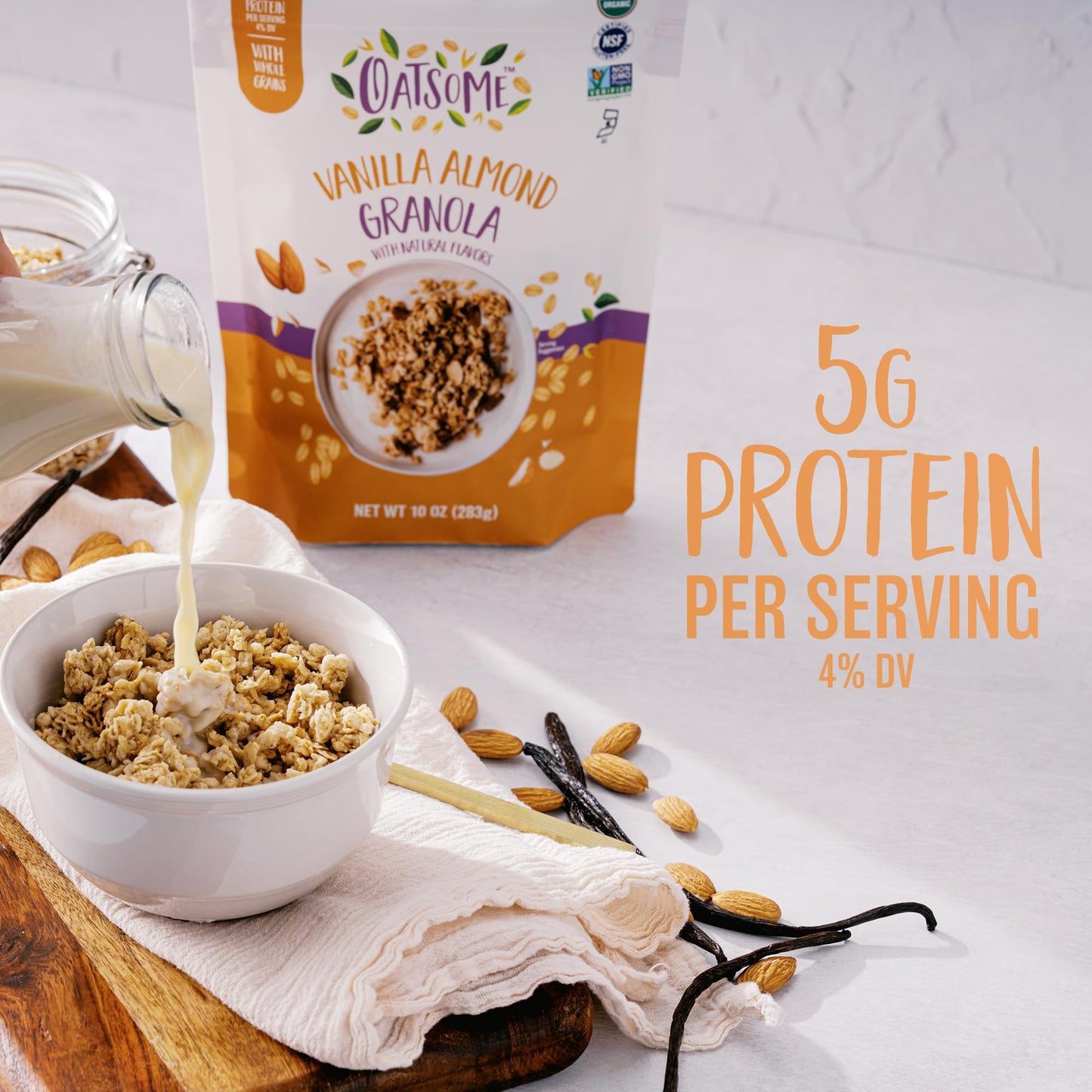 Oatsome Vanilla Almond Granola, Gluten Free, Non-GMO, 5g Protein, Made with Whole Grain Organic Oats, Honey, Almonds, & Vanilla, for Protein Snacks