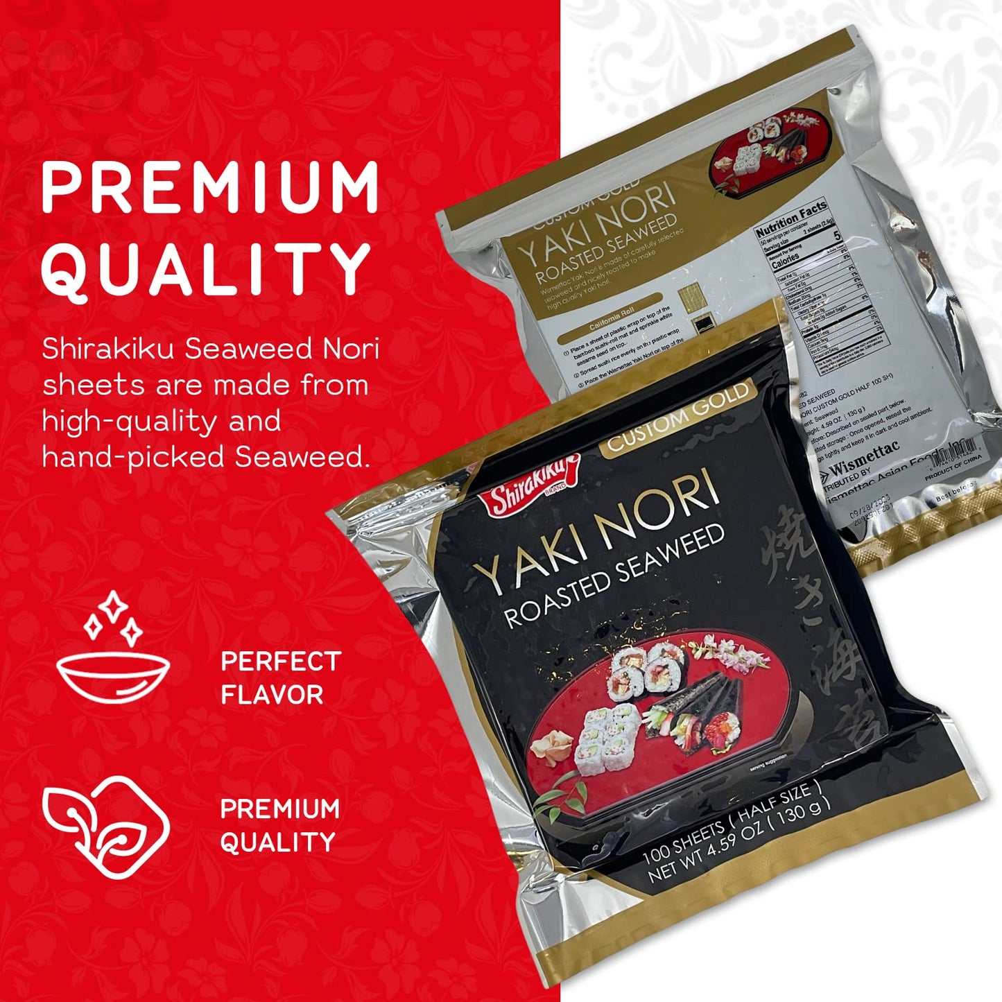 Shirakiku Roasted Yaki Nori - Japanese Seaweed sheets for Sushi Rolls - Perfect for Sushi and other Japanese Cuisine - 4.59 OZ (Custom Gold, 100 Half