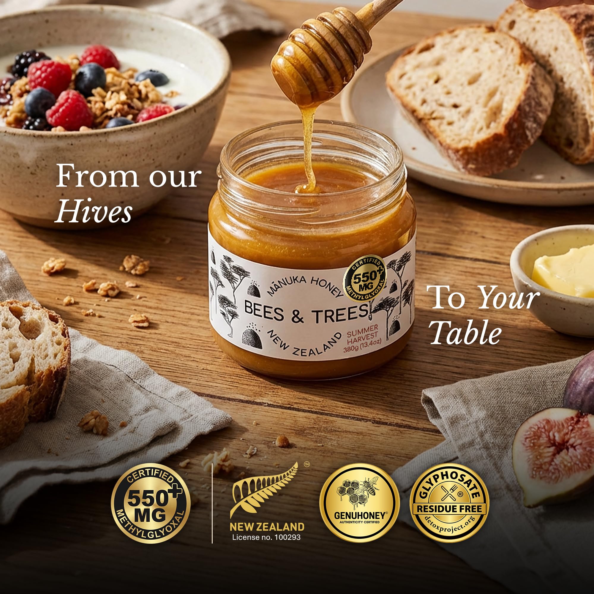 Bees & Trees Manuka Honey 550+ MGO - Raw, Pure New Zealand Monofloral Honey - Unpasteurized & Minimally Filtered - Ideal for Tea, Coffee, Dressings