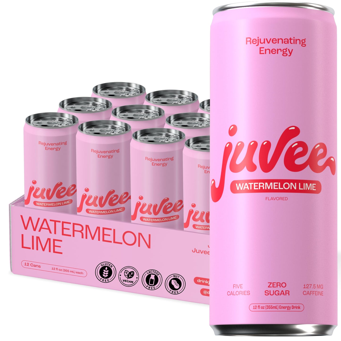 Juvee Rejuvenating Energy Drink - Sugar Free Watermelon Lime Flavor, 12 oz Cans (12-Pack) - 128mg Natural Caffeine, Zero Sugar, Low Calorie, Clean