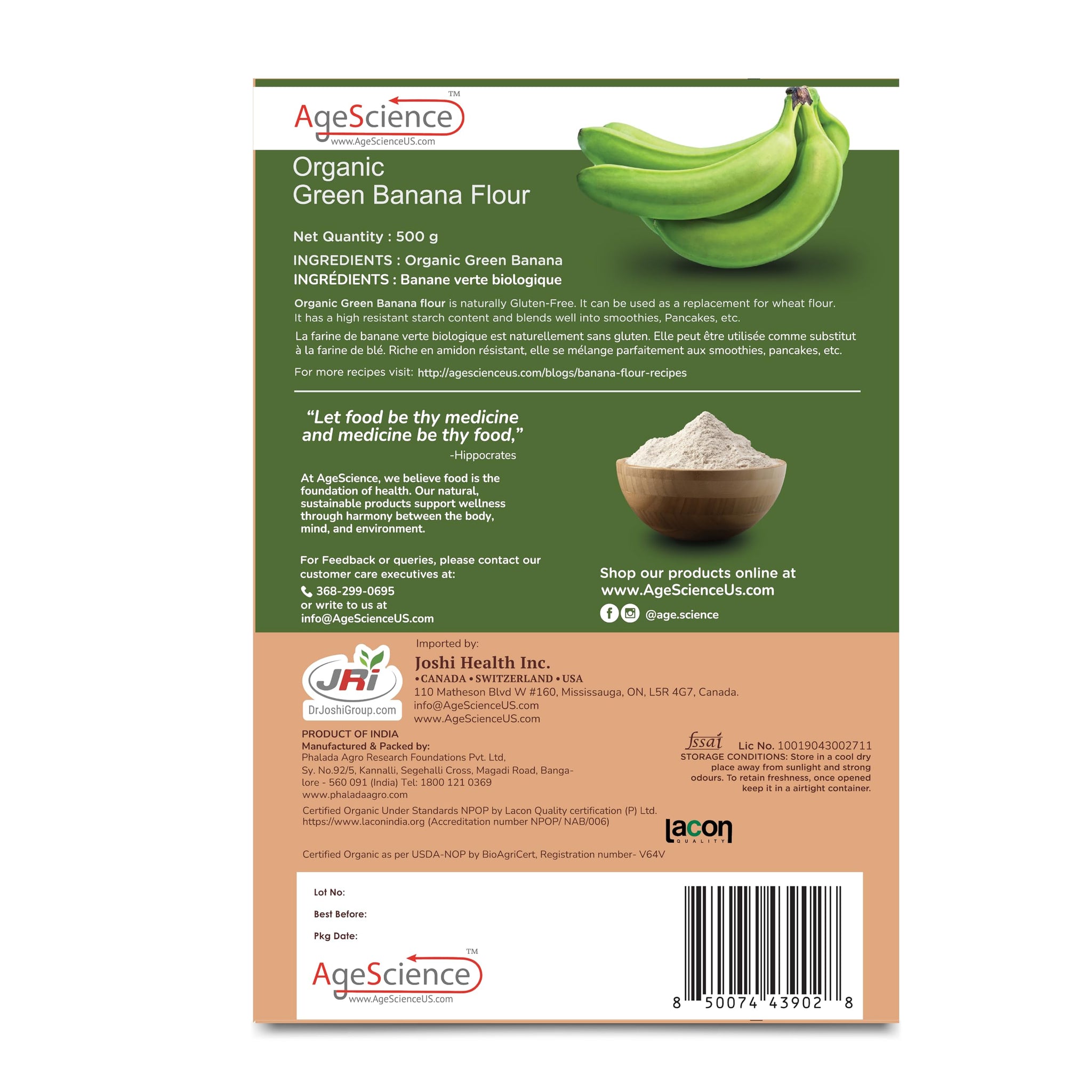 AgeScience Organic Green Banana Flour - USDA Organic Certified - Gluten Free All Purpose Flour Alternative For Baking & Cooking Recipes - Grain Free