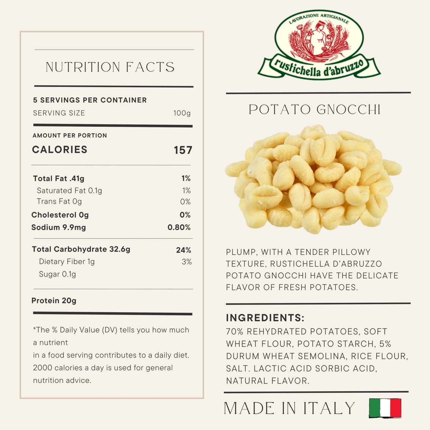 Rustichella d'Abruzzo Potato Gnocchi (Pack of 3), 500g Traditional Italian Dumplings - Soft, Pillowy Texture - Cooks in Just 2 Minutes - Perfect