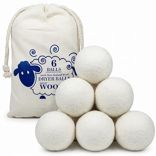 XL Wool Dryer Balls (6-Pack) - 100% Organic New Zealand Wool Laundry Balls for Dryer - Natural Fabric Softener & Reusable Anti Static Solution