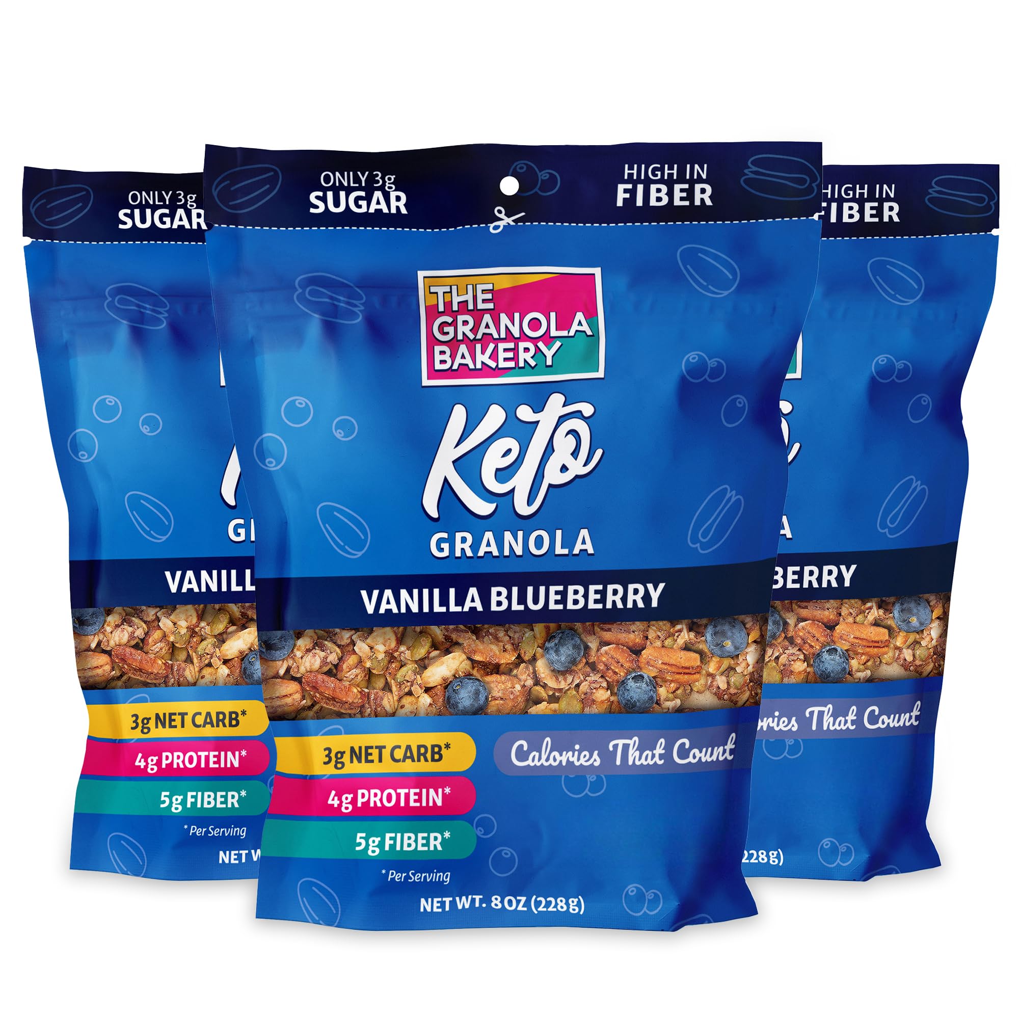 TGB Blueberry Granola Cereal, Keto Friendly Snack, No Added Sugar, Gluten Free, High Fiber, 8oz Resealable Bag (Pack of 3)