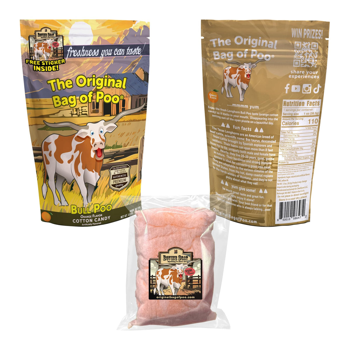 The Original Bag of Poo®, Bull Poo, Orange Flavor Cotton Candy, Novelty Gag Gift with Free Sticker
