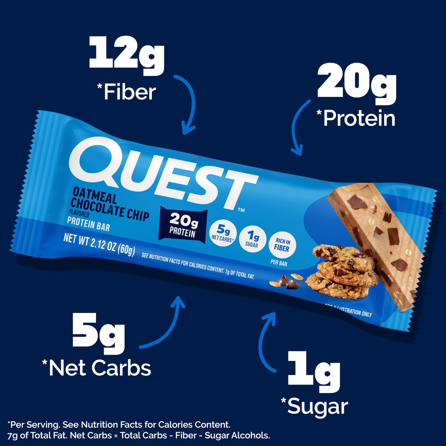 Quest Nutrition Oatmeal Chocolate Chip Protein Bars, 20g Protein, 1g Sugar, 5g Net Carb, Gluten Free, Keto Friendly, 4 Count