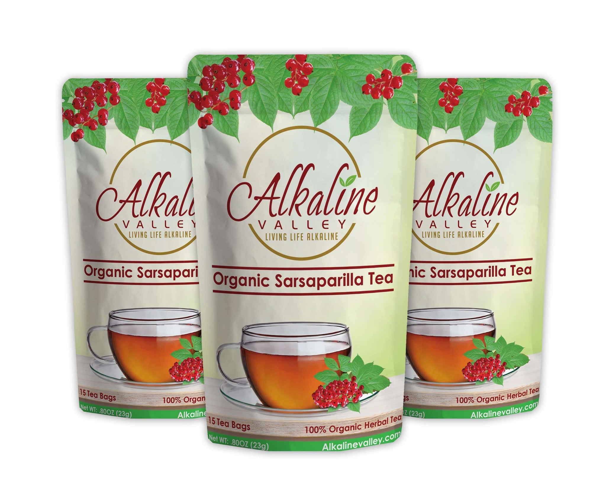 Sarsaparilla Tea - 100% Organic and Alkaline - 15 Unbleached/Chemical-Free Sarsaparilla Tea Bags - Pack of 3 - Caffeine-Free, No GMO