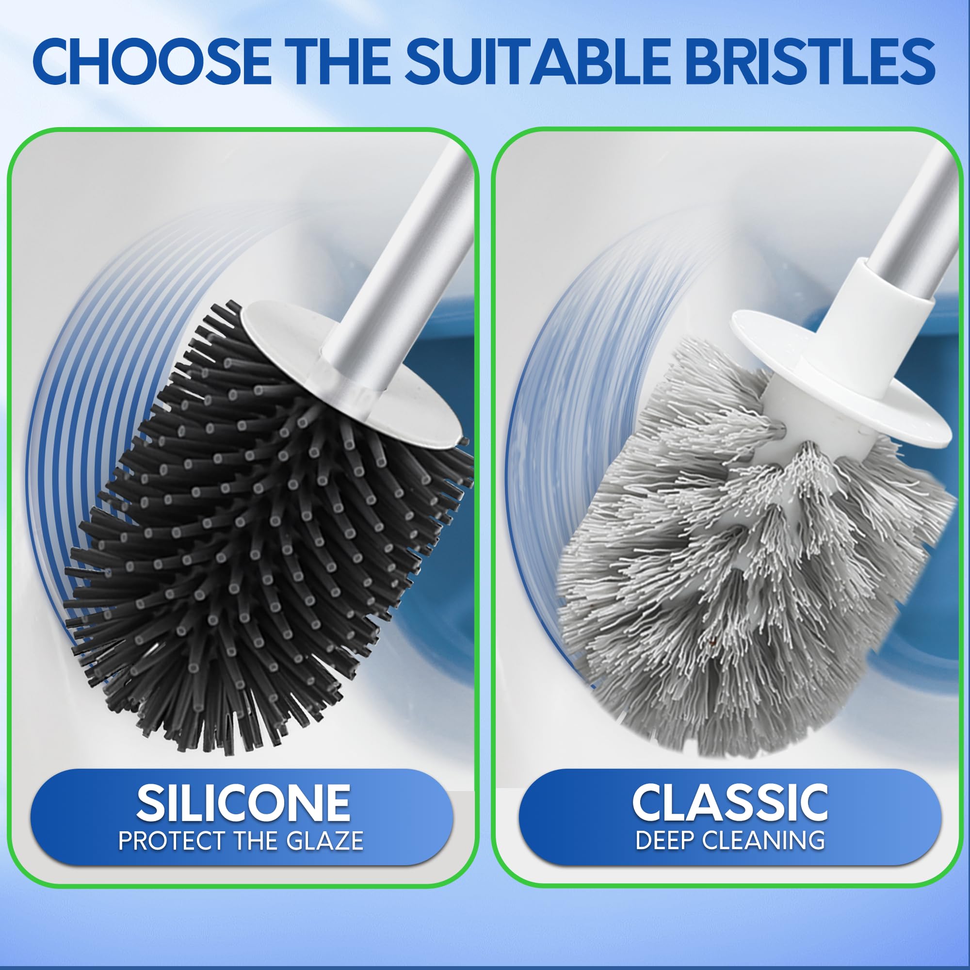 BOOMJOY Toilet Brush and Holder Set, Silicone Toilet Bowl Cleaner Brush, Bathroom Cleaning Bowl Kit with Tweezers, Bathroom Accessories with Aluminum
