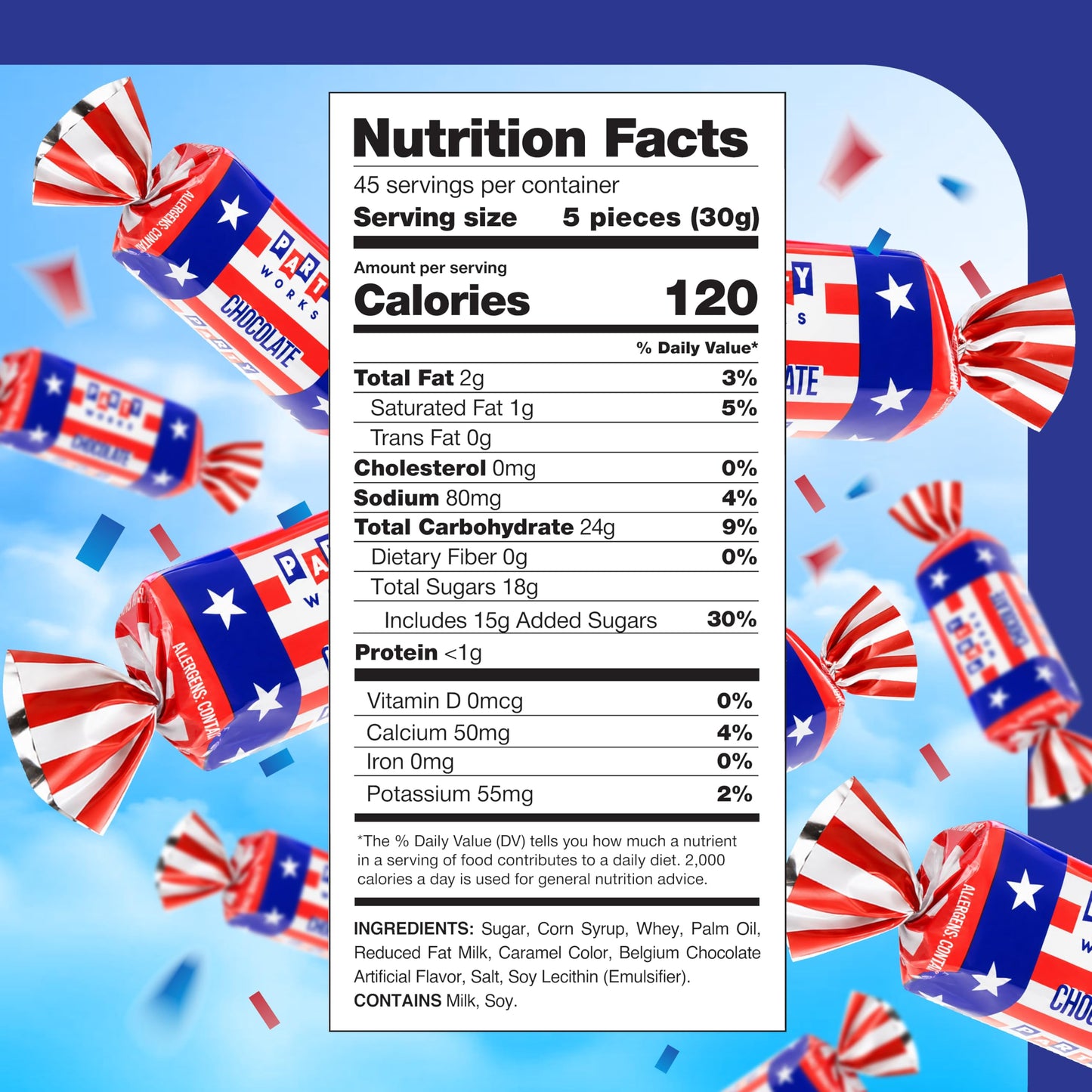 Patriotic Candy - 3 Pound Pack - Chocolate Flavored Caramels - 4th of July Candy Bulk - Individually Wrapped Red White and Blue Candies - Chocolate