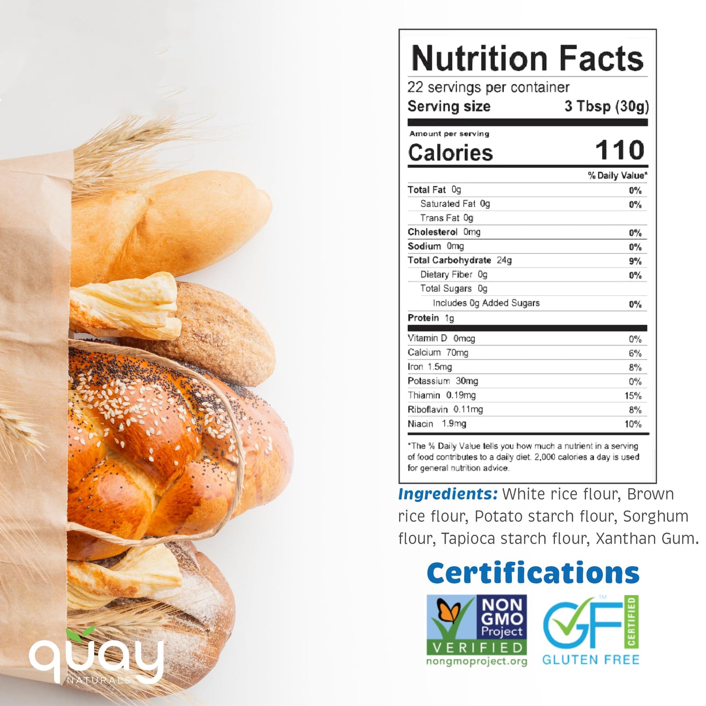 Quay Naturals Organic Gluten Free All Purpose Baking Flour - 2 lbs, No Grit, 1:1 Wheat Substitution, Dairy Free, Non-GMO, Kosher, Made in USA