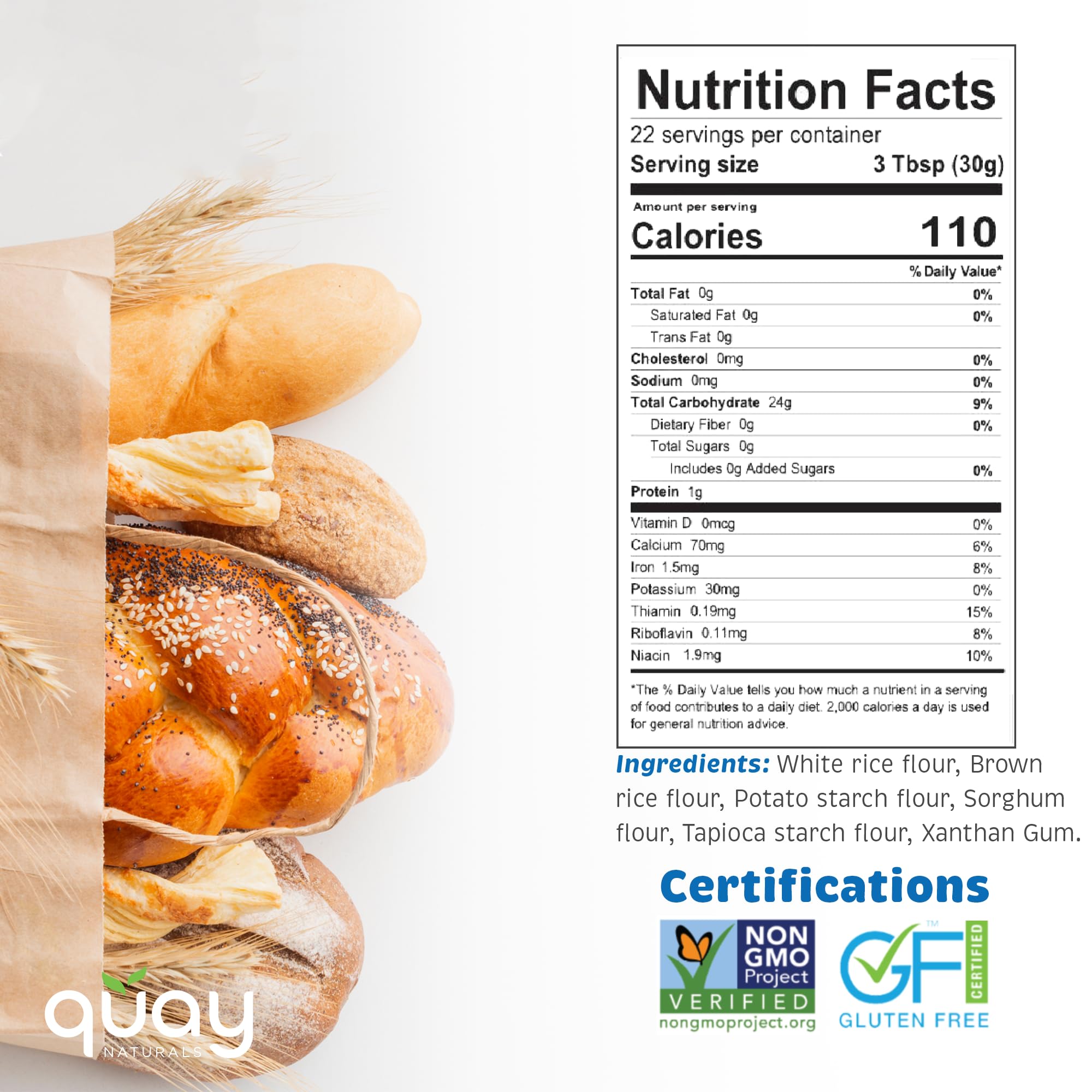 Quay Naturals Organic Gluten Free All Purpose Baking Flour - 2 lbs, No Grit, 1:1 Wheat Substitution, Dairy Free, Non-GMO, Kosher, Made in USA