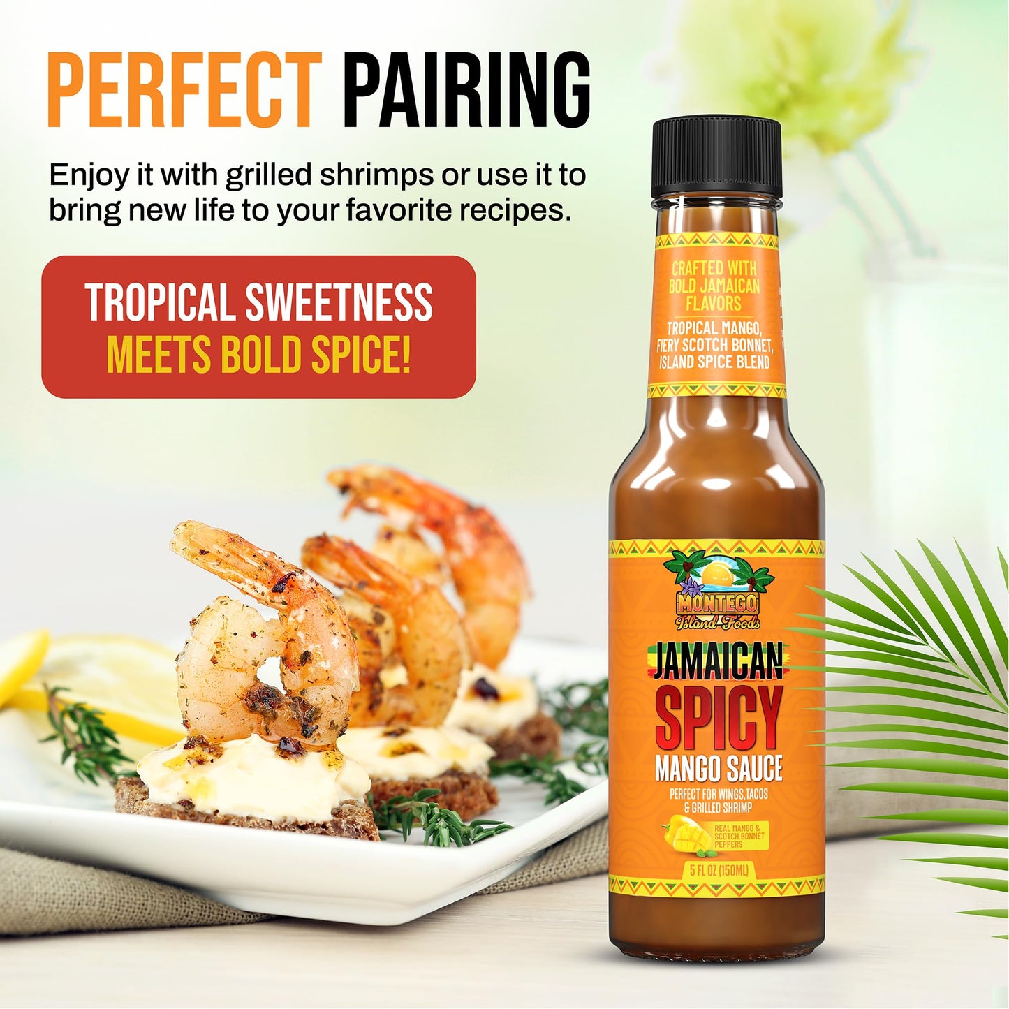 Montego Island Foods Jamaican Spicy Mango Sauce - Real Mango, Fiery Scotch Bonnet Peppers, Zesty Lime Juice & Juicy Golden Raisins - Sweet, Tangy