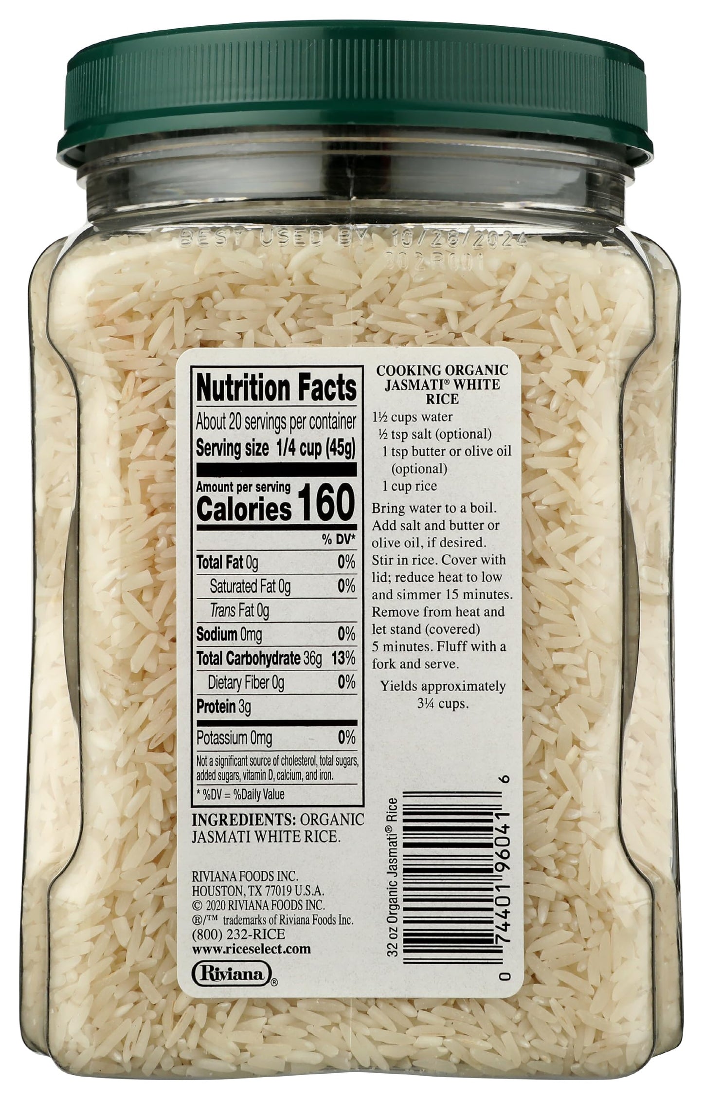RiceSelect Organic Jasmati Rice, Premium Long Grain Organic American Jasmine Rice for Asian-Inspired Recipes, Gluten-Free, Non-GMO, Kosher, 32oz Jar (Pack of 1)