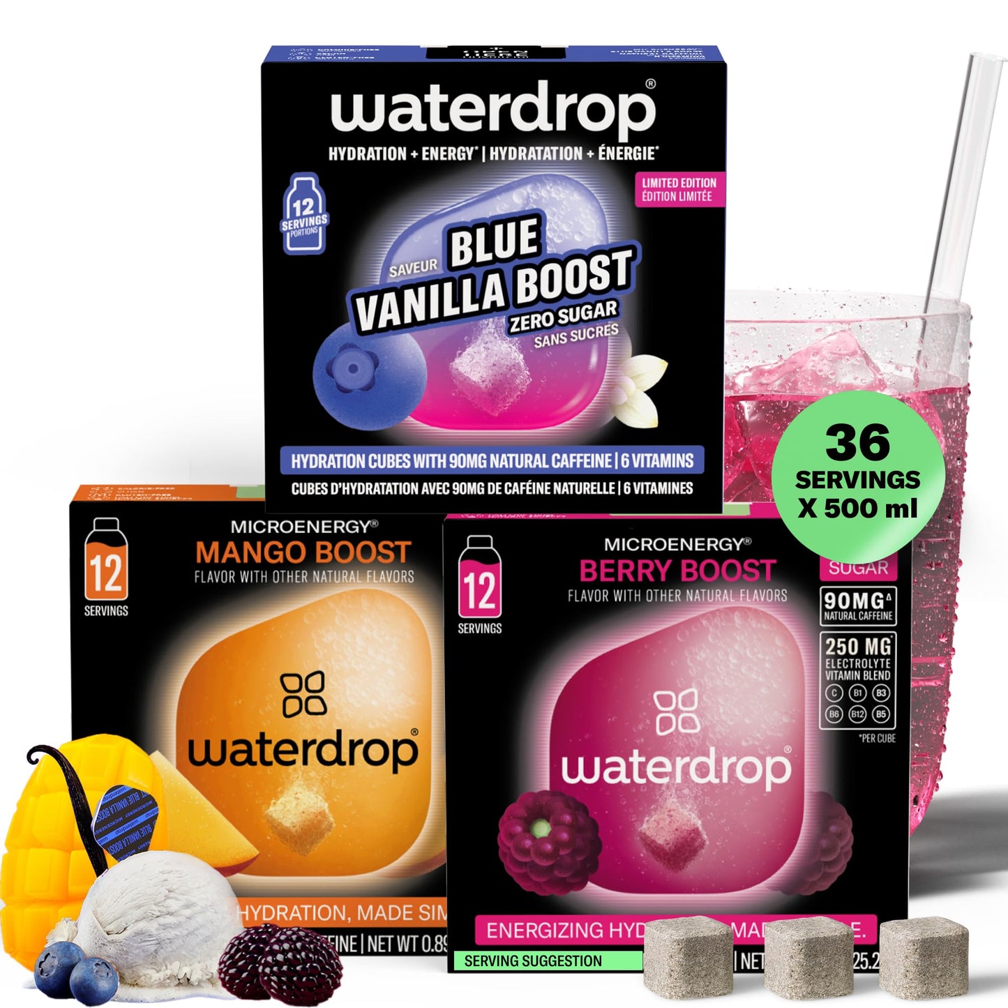 Waterdrop Microenergy Berry, Mango & Blue Vanilla Boost Mix - 36 Hydration Cubes with Natural Caffeine (90 mg/serving) - Sugar-Free, Vegan
