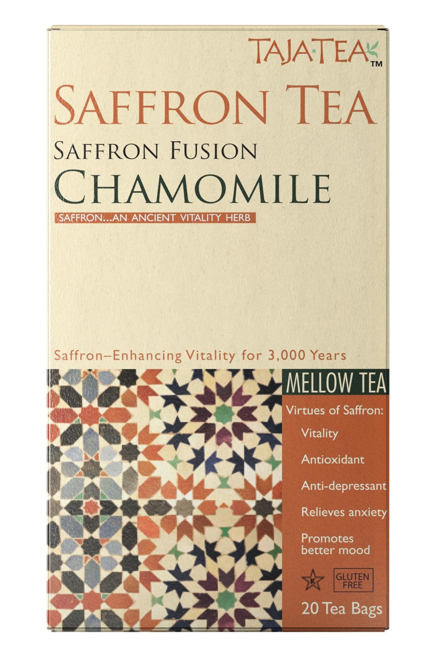 Taja Saffron Tea - Saffron Fusion Chamomile Tea, Mellow Blend for Emotional Wellness, Sleep Support and Monthly Comfort, Caffeine Free | Gluten Free |