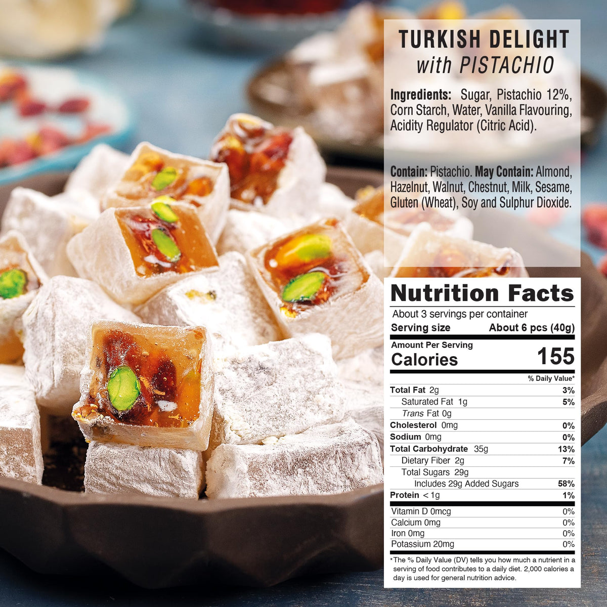 HazerBaba Turkish Delight Pistachio Candy, 8.8oz (Pack of 1), Lokum