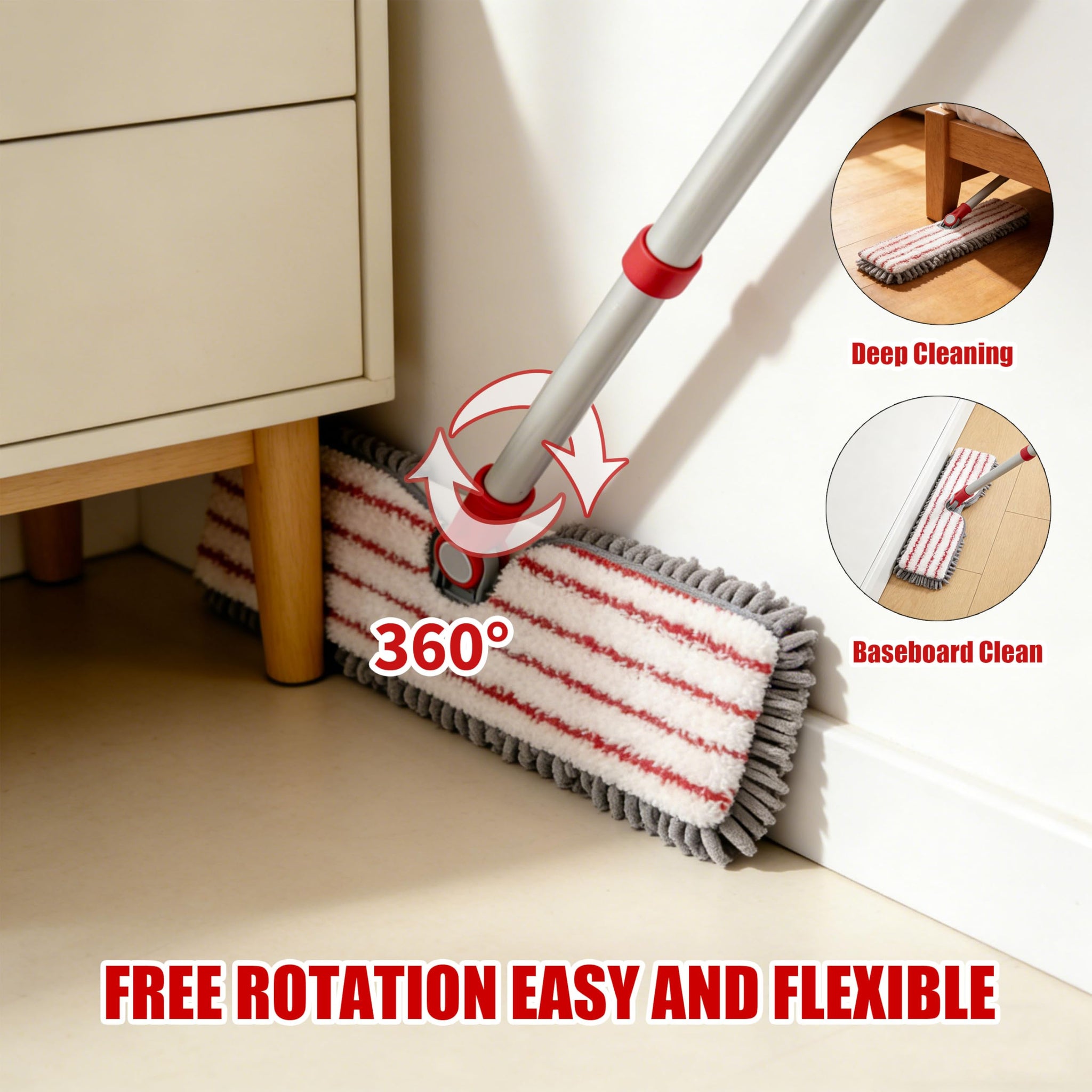 Microfiber Flat Mop 360° Rotating for Floor Cleaning, Wet Dry Dust Mop with 2 Washable Chenille Pads, Coated Iron Pole, Hardwood Floor Wall Baseboard