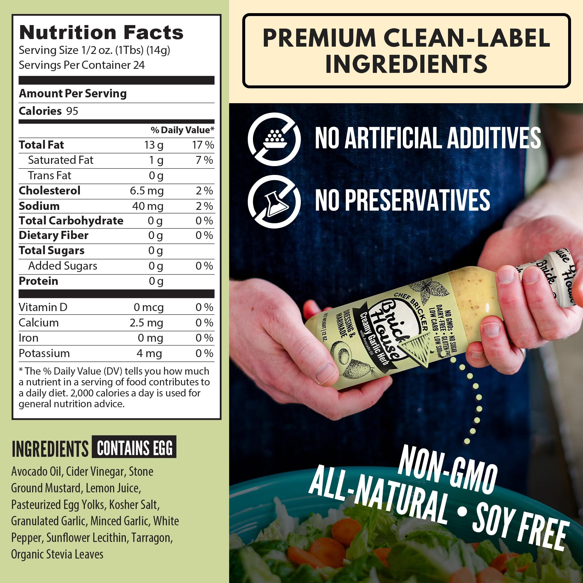 Brick House Creamy Garlic Herb Vinaigrette Dressing & Marinade, 12 oz, Low Sodium, Zero Carb, Dairy Free, Gluten Free, Non-GMO, No Sugar, Keto