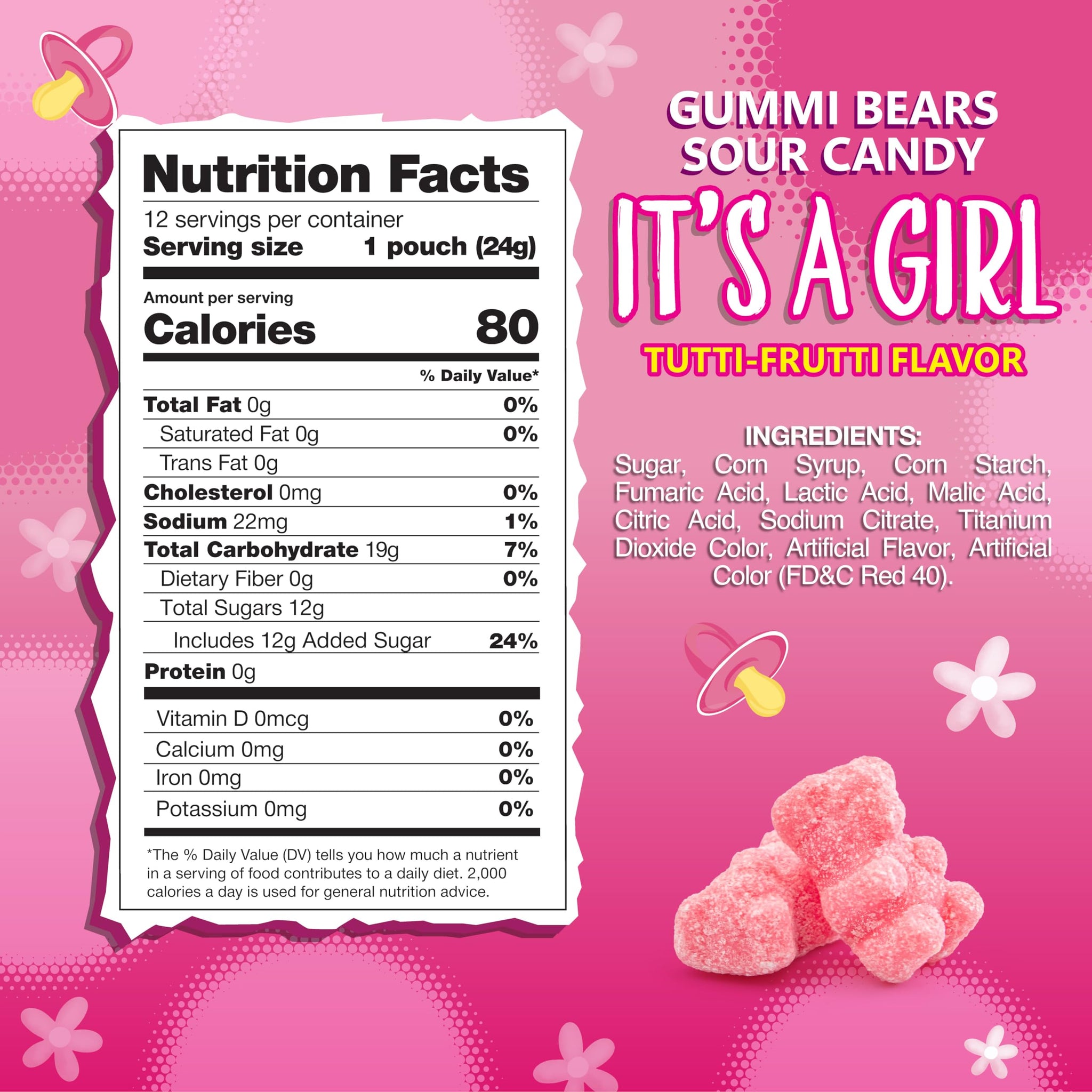Its a Girl Candy | 12 Packs of Sour Gummies | Tutti Frutti Gummi Bears | Pink Candy for Baby Shower Favors | Gender Reveal Party Favors Individually