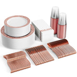 FOCUSLINE 350 Ct Rose Gold Dinnerware Set for 50 Guests, Rose Gold Lace Plastic Plates Disposable Heavy Duty, Including 50 Dinner & Dessert Plates