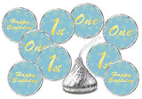 1st Birthday Kisses Stickers, One Blue Kiss Labels for Boy Happy Birthday Party, Chocolate Drop Tabletop Decorations, Candy Not Included. Made in USA