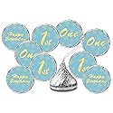 1st Birthday Kisses Stickers, One Blue Kiss Labels for Boy Happy Birthday Party, Chocolate Drop Tabletop Decorations, Candy Not Included. Made in USA